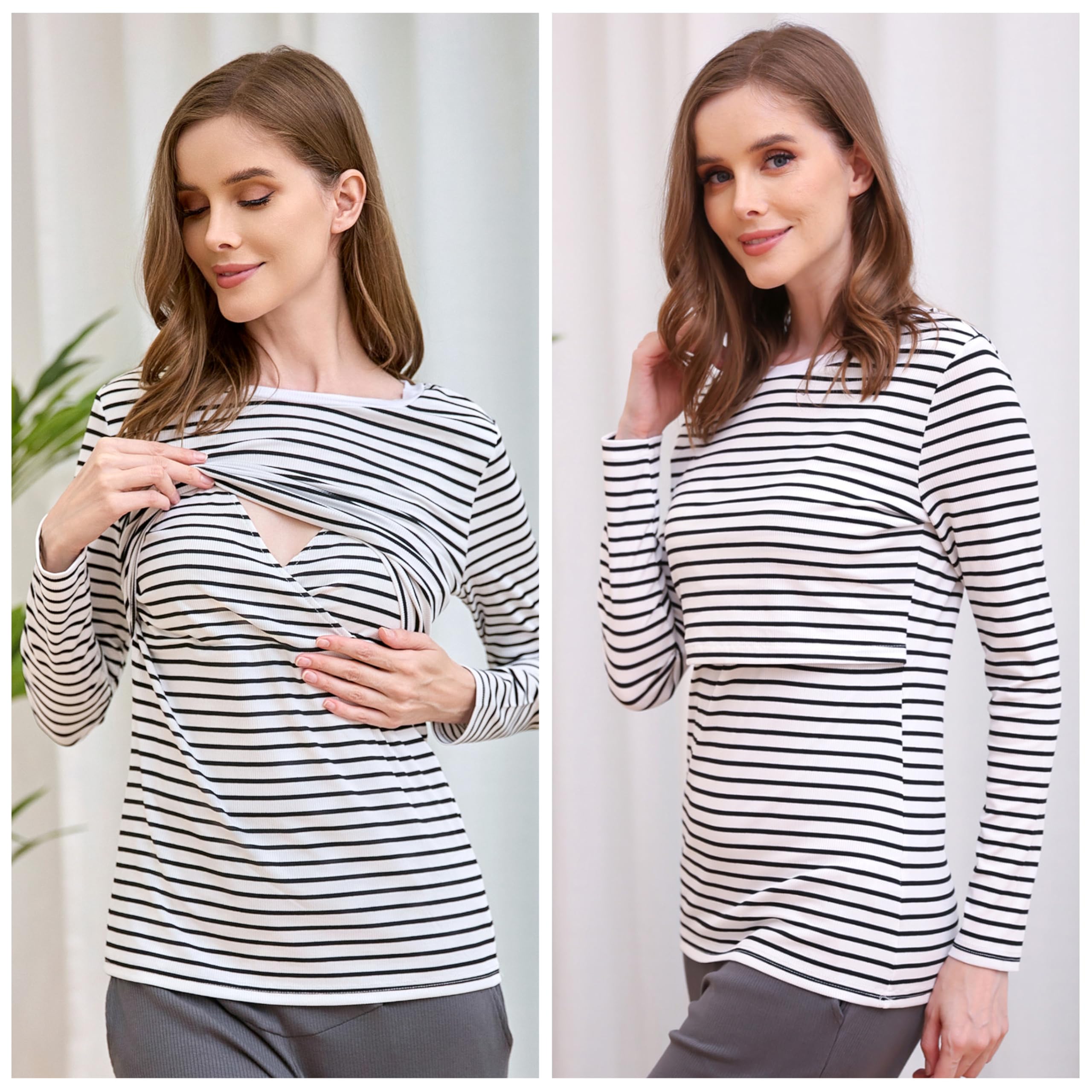 Lot de 3 t-shirts d'allaitement côtelés à manches longues pour femme - Double couche - Vêtements de maternité
