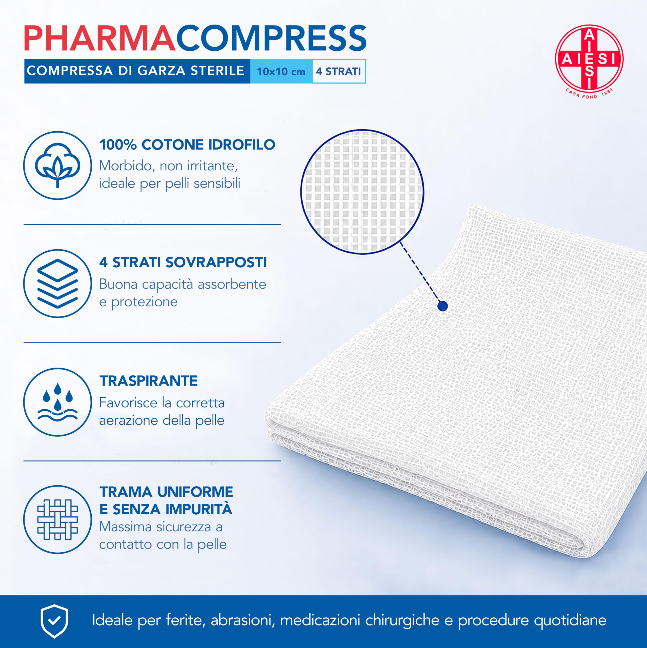 AIESI® Sterylne kompresy gazowe 10x10 cm (100 sztuk) pakowane pojedynczo PHARMACOMPRESS, składane kompresy bawełniane