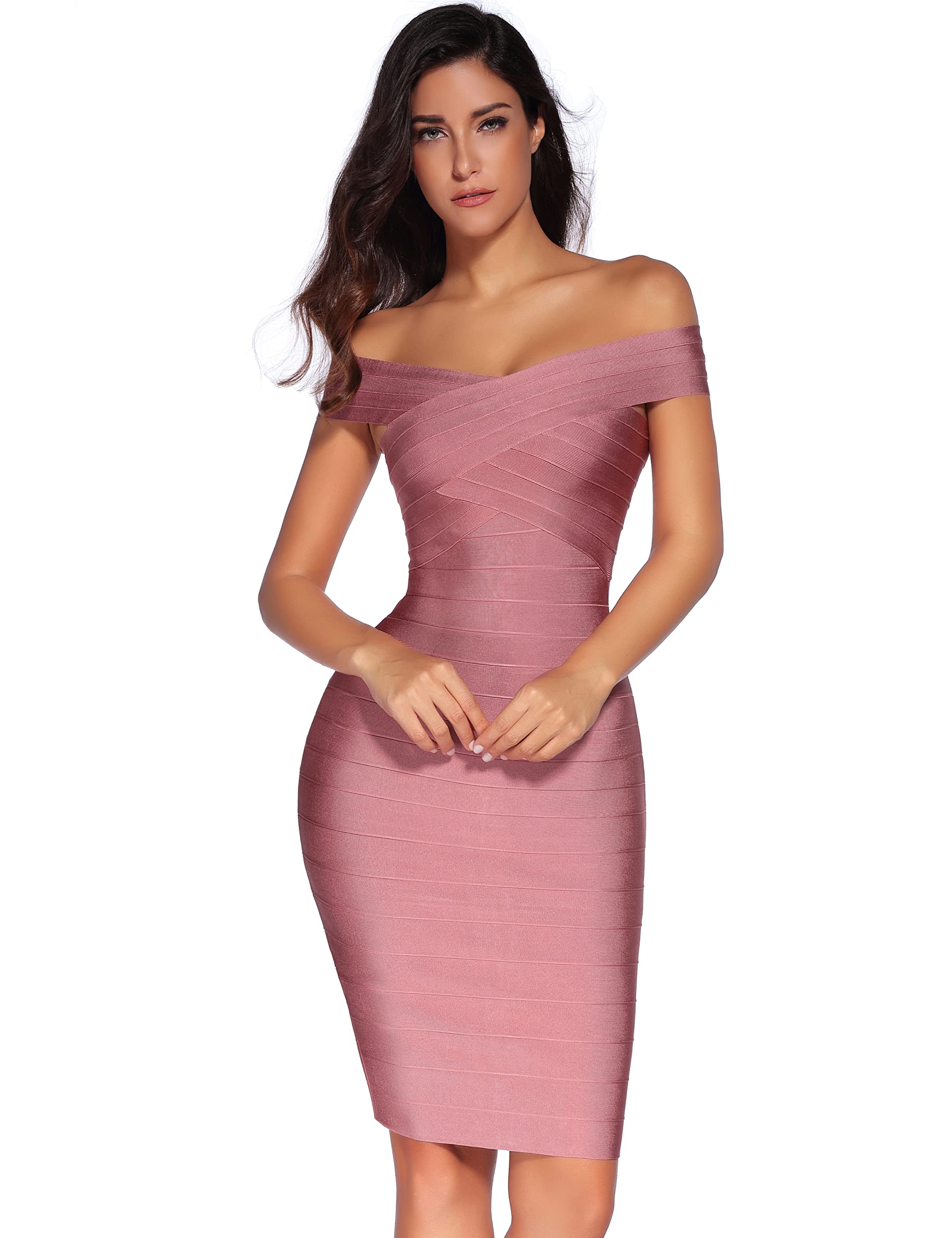 meilunWomen's Rayon Sexy Off-Shoulder Stretchy Party Bandage Bodycon Midi Dress,Dark Pink,Large