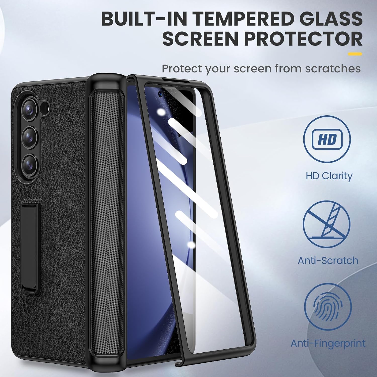 Ruky for Galaxy Z Fold 5 Case with Hinge Protection, Full Body Case with Built-in Magnetic Kickstand & Screen Protector PU Leather Protective Phone Case for Samsung Galaxy Z Fold 5, Black