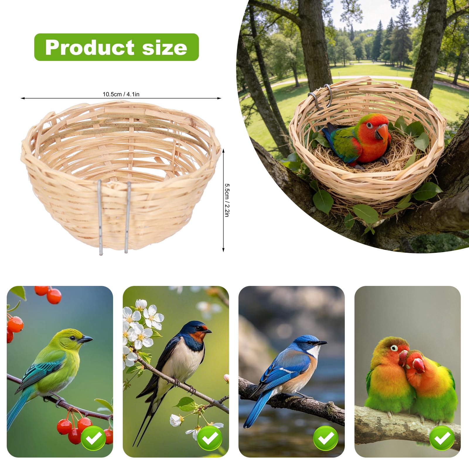 4 Pièces Nid D'oiseau Fait à la Main Maison D'oiseau Robuste Et Naturel en Bambou Nid D'oiseau Fournitures pour Oiseaux Cage à Oiseaux avec Crochet pour Petits Perroquets Canaris Calopsittes