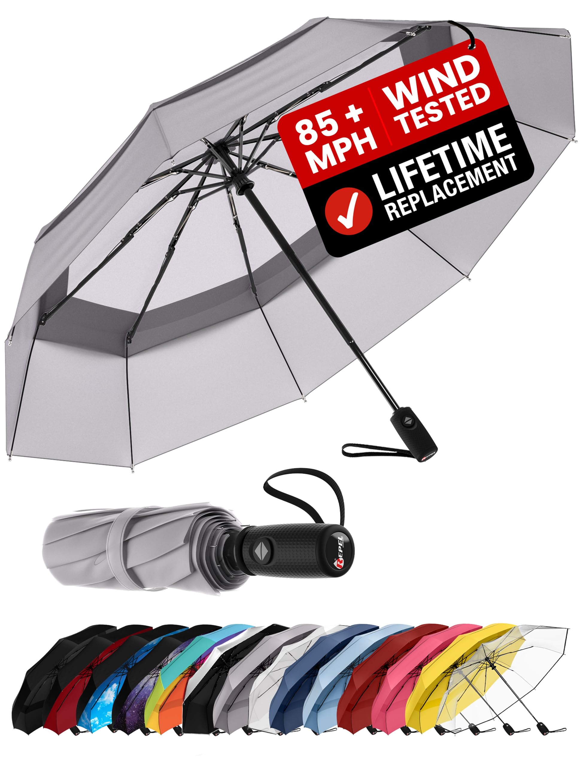 REPEL Windproof Travel Umbrella - Compact & Withstands Winds up to 85MPH , Strongest Premium Auto Folding Umbrella for Rain and Sun - Durable, Light & Portable for Women & Men , Fits Backpack & Cars