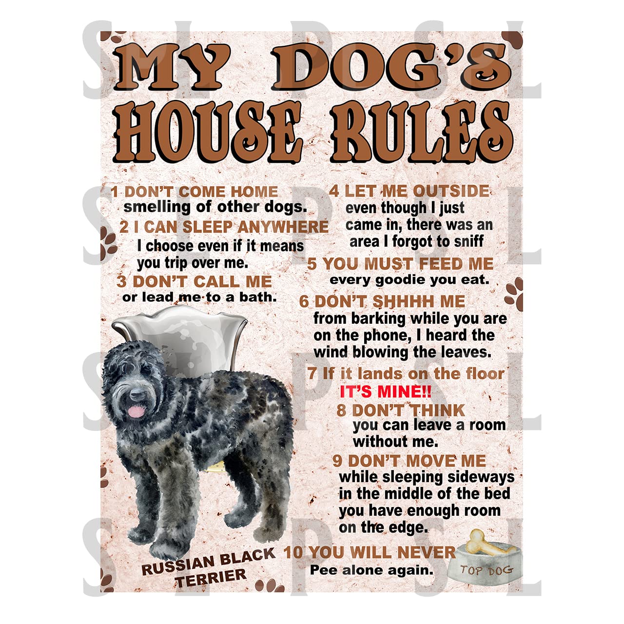 My Dog’s House Rules Russian Black Terrier, retro metal tin sign METAL TIN WALL PLAQUE SIGN NOVELTY GIFT 90DHR (8” X 6” (200MM X 150MM), Tape)