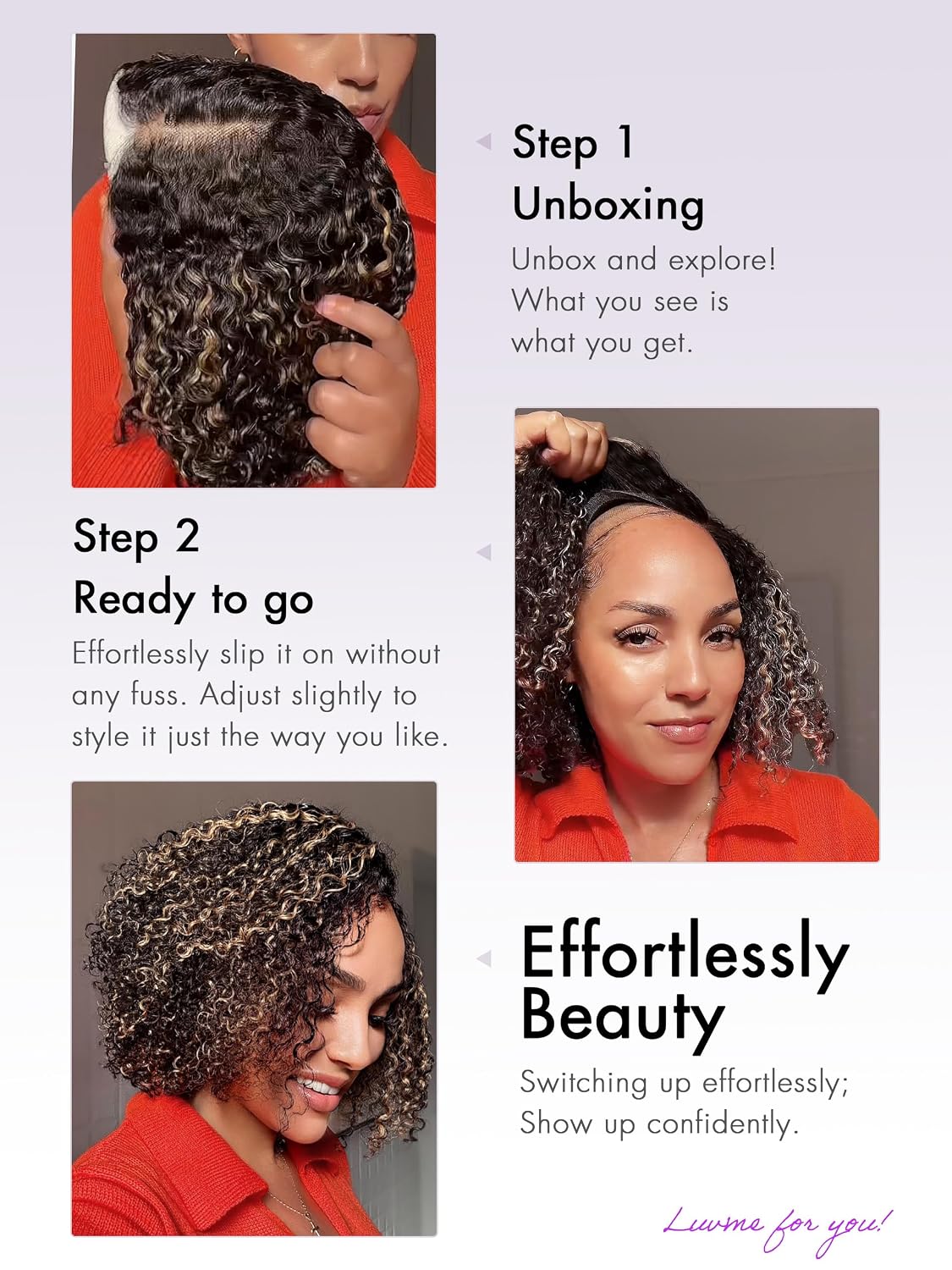 LUVME HAIR 10 Inch Blonde Highlight Short Curly Human Hair Wig Glueless Pre Plucked Left C Parted Ombre Bob Wig, Ready to Go Pre Cut HD Lace Closure Wig