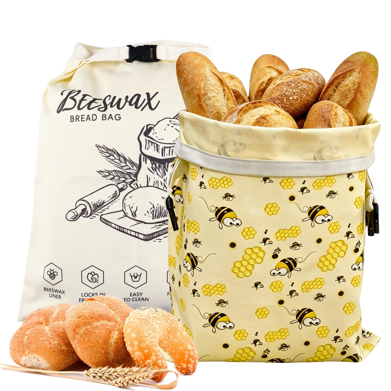 2 Pezzi Sacchetto per Pane in Cera d'Api Naturale ,Sacchetti di Cotone Riutilizzabili Extra Grandi,Sacchetti di Cotone Riutilizzabili Lavabili, per mantenere il pane e i prodotti da forno 32 × 43 cm