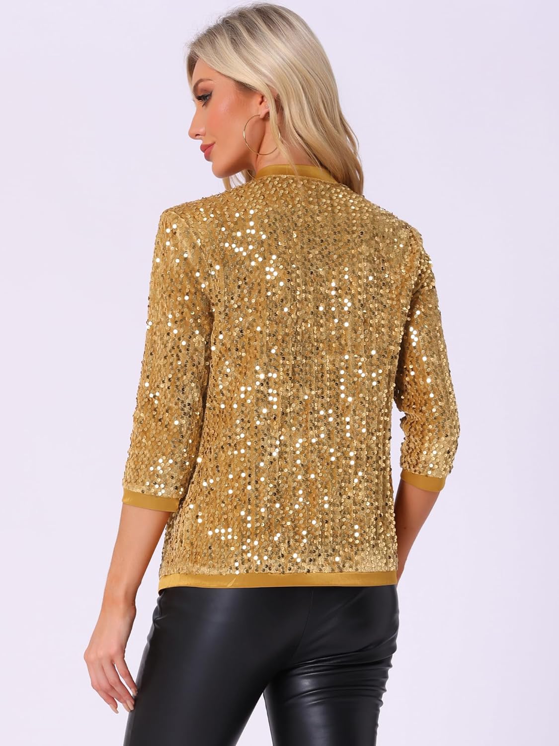 Allegra K Women's Sequin Cardigan 3/4 Sleeve Open Front Velvet Sparkle Jacket Party Glitter Blazer - Image 5
