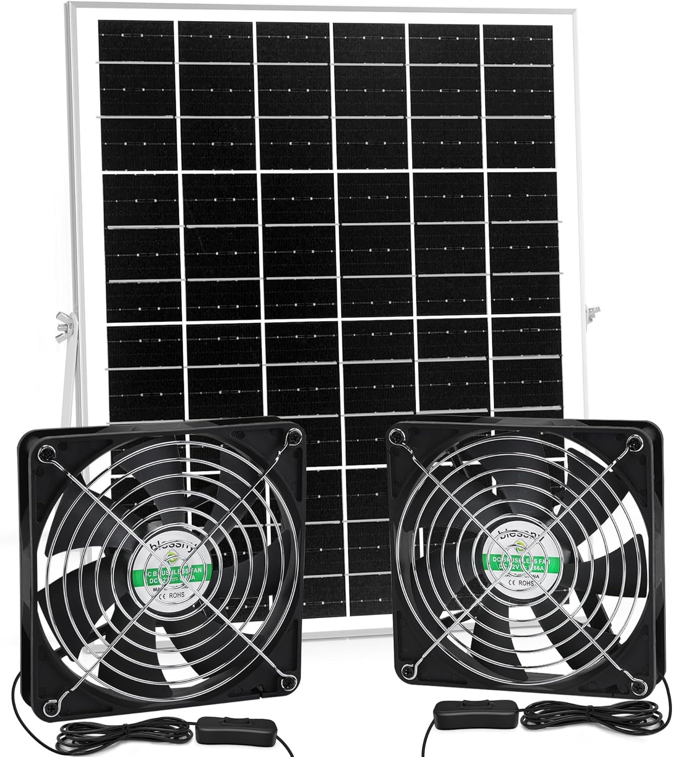5.5 Inch Solar Powered Fan Kit, 25W Solar Panel with 2 Waterproof Fans for Outside Chicken Coops, Greenhouses, Sheds, Intake or Exhaust Air Fan with 15 FT On/Off Switch Cord Solar 2 fans kit