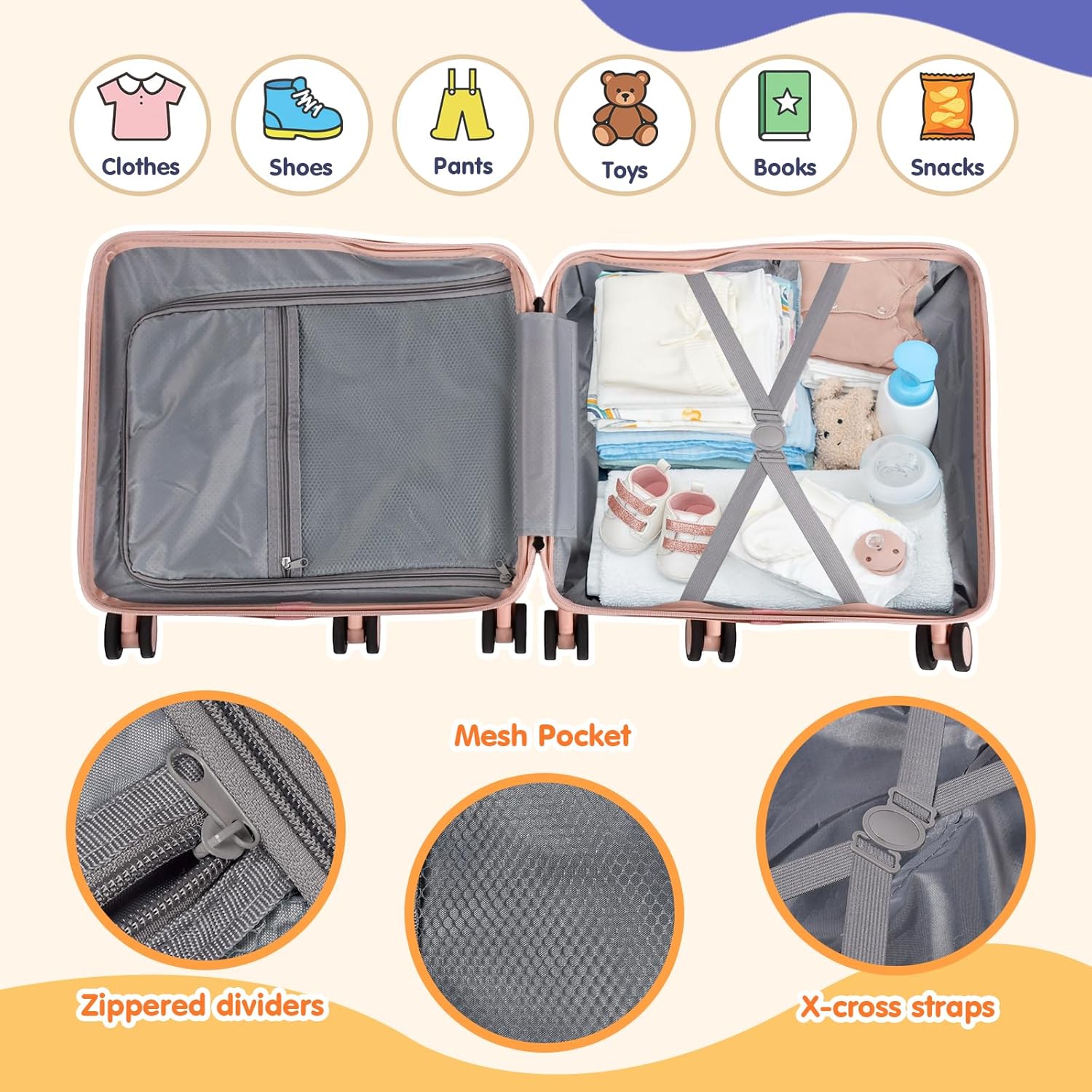 smilesun Kids Ride-On Luggage, 20" Hardshell Carry-On Suitcase with 6 Spinner Wheels, Foldable Pedal, Hidden Cup Holder & Combination Lock for Toddlers & Children (Light Pink, 20-inch)