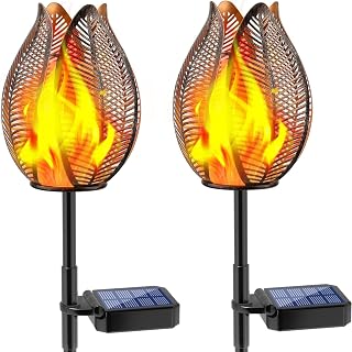 TomCare Solar Lights Outdoor Flickering Flame Solar Garden Lights Metal Flower Lights with Stake Solar Powered Decorative Solar Pathway Lights Waterproof Garden Decor for Outside Yard Patio, 2 Pack