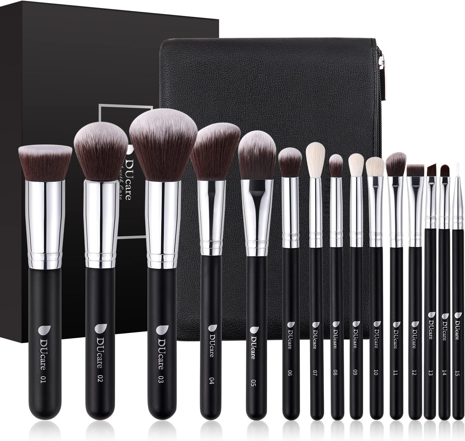 Makeup Brushes Set 15pcs with Cosmetic Bag, Professional Cosmetic Brushes Foundation Powder Contour Blush Eye Brush Sets