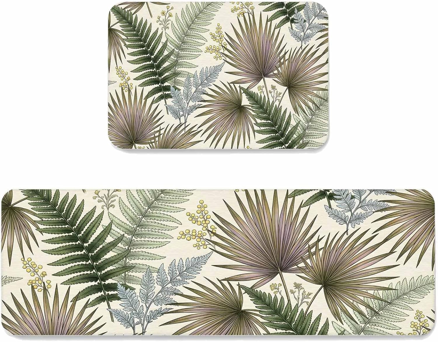 Prime Leader Boho Forest Kitchen Mat Set 2 Pieces Vintage Country Green Blue Ferns Beige Non Slip Kitchen Rugs Washable Runner Rug Mats for Floor Sink Laundry Office 19.7" x 31.5"+19.7" x 63"