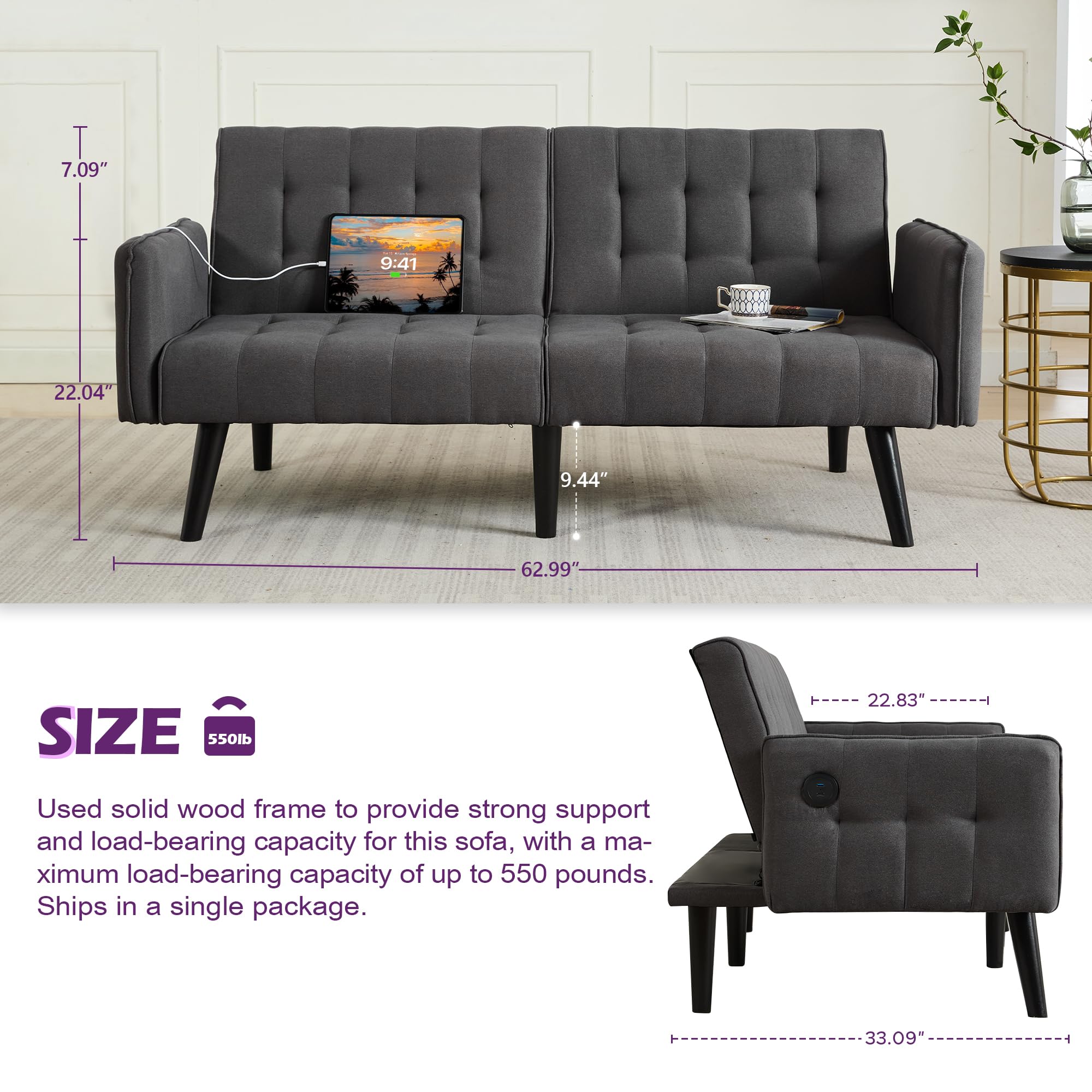 65'' Convertible Futon Sofa Bed with USB, Small Couch for Living Room | Sleeper Sofa, Adjustable Folding Couch with Tufted Design and 2 USB Ports, Bedroom Apartment Office, Dark Grey