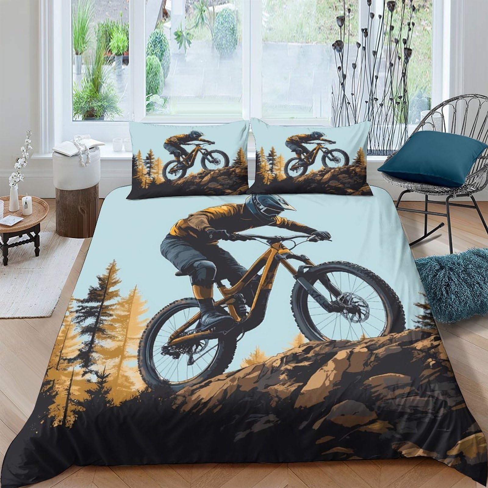 Ctjqhvkz Style-2 3D Printed Mountain Biking Fitted Sheet Microfiber Soft Breathable Forest Cycling Bed Cover For Bedroom Dorm Mattress Protection Decor Single（135X200cm）