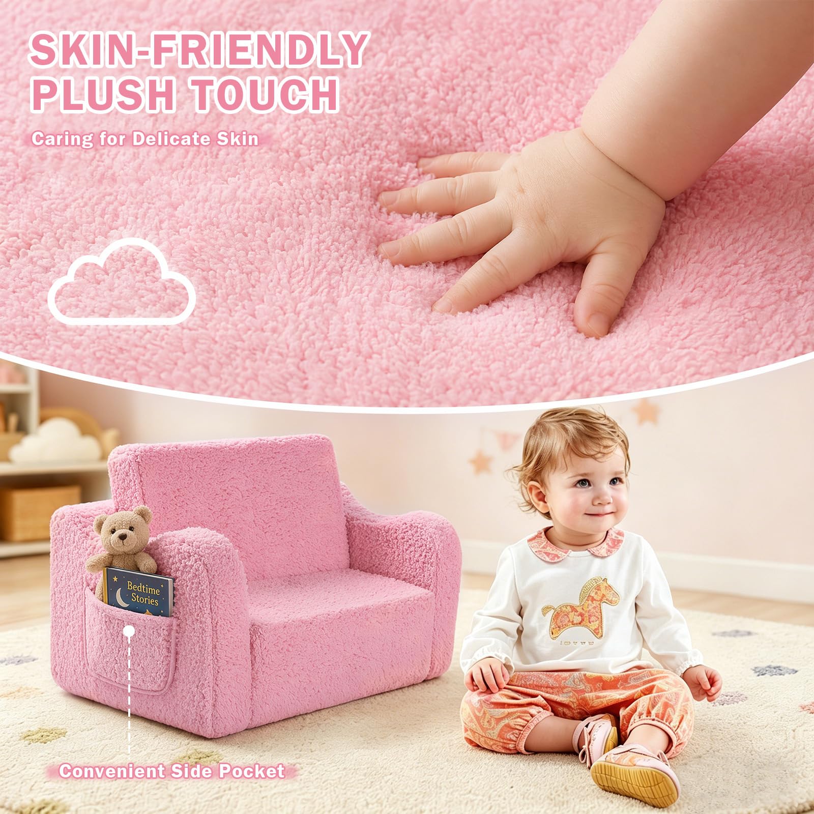 MeYuxg 3 en 1 Sofa Infantil, Sillon Bebe para Niños y Niñas, Sillón Convertible y Cama Plegable, Mini Sofá, Regalo del Niño y Cumpleaños, Rosa