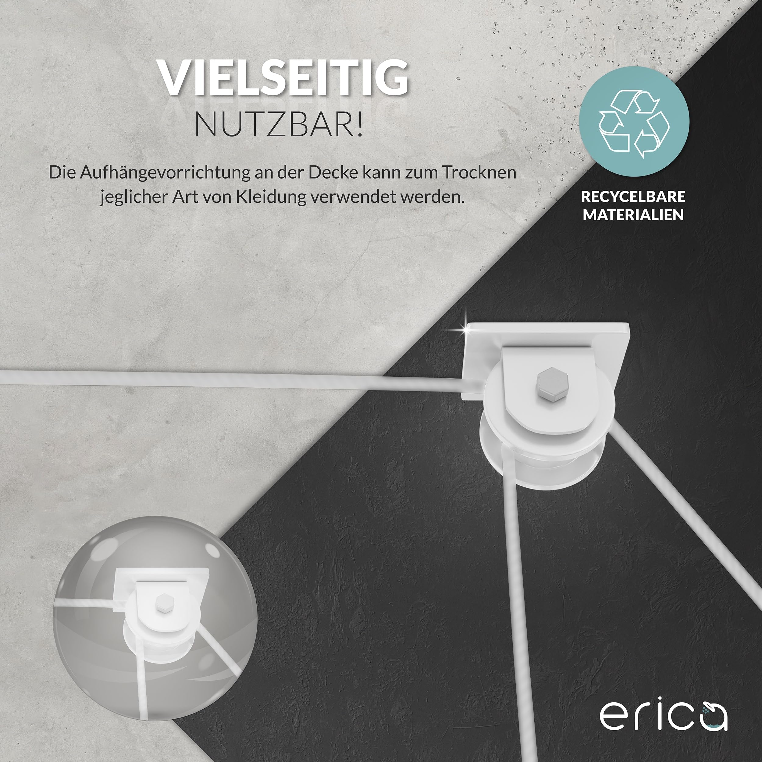 Erica Wäscheständer Decke 140x50cm, Platzsparend mit 11,2m Trocknungsfläche, Vertikal zusammenklappbar 2,5m, Deckenwäschetrockner aus Metall, Weiß