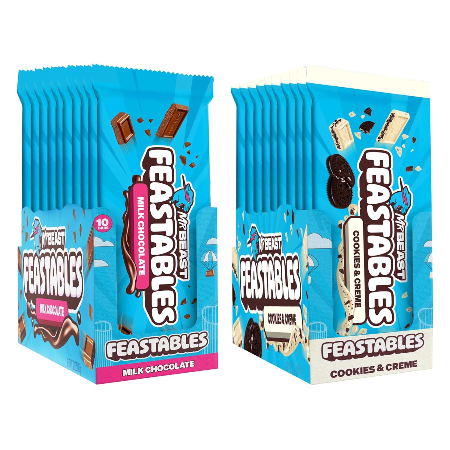 Feastables MrBeast Milk & Cookies Variety Pack, King Size Milk Chocolate & Cookies & Creme Bars, 2.1oz, 20ct