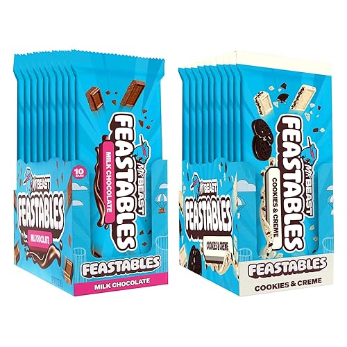 Feastables MrBeast Paquete de leche y galletas, barras de chocolate con leche y galletas y crema, 10 unidades cada una, barras de caramelo para