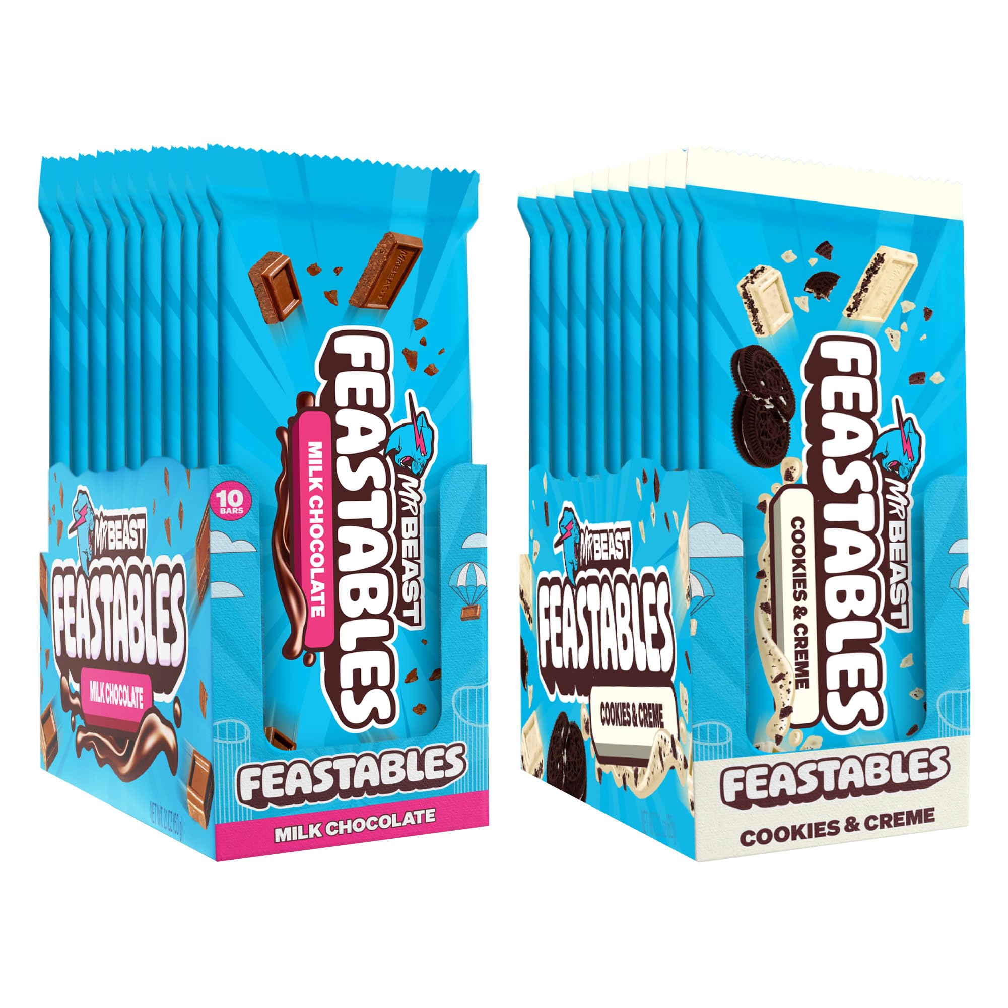 FeastablesMrBeast Milk & Cookies Pack, King Size Milk Chocolate & Cookies & Creme Candy Bars for Adults & Kids, Halloween Candy, Snacks, Gifts, or Dessert, Fairtrade Cocoa, 2.1 Oz Each, 20 Count