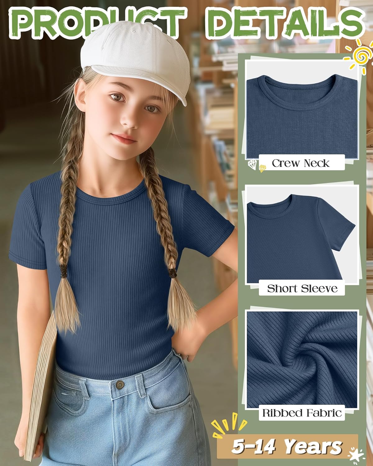 4 Pcs Girls Shirts Short Sleeve Ribbed Knit Tops Crew Neck Slim Basic Tees Solid Casual Cute T Shirts Size 5-14