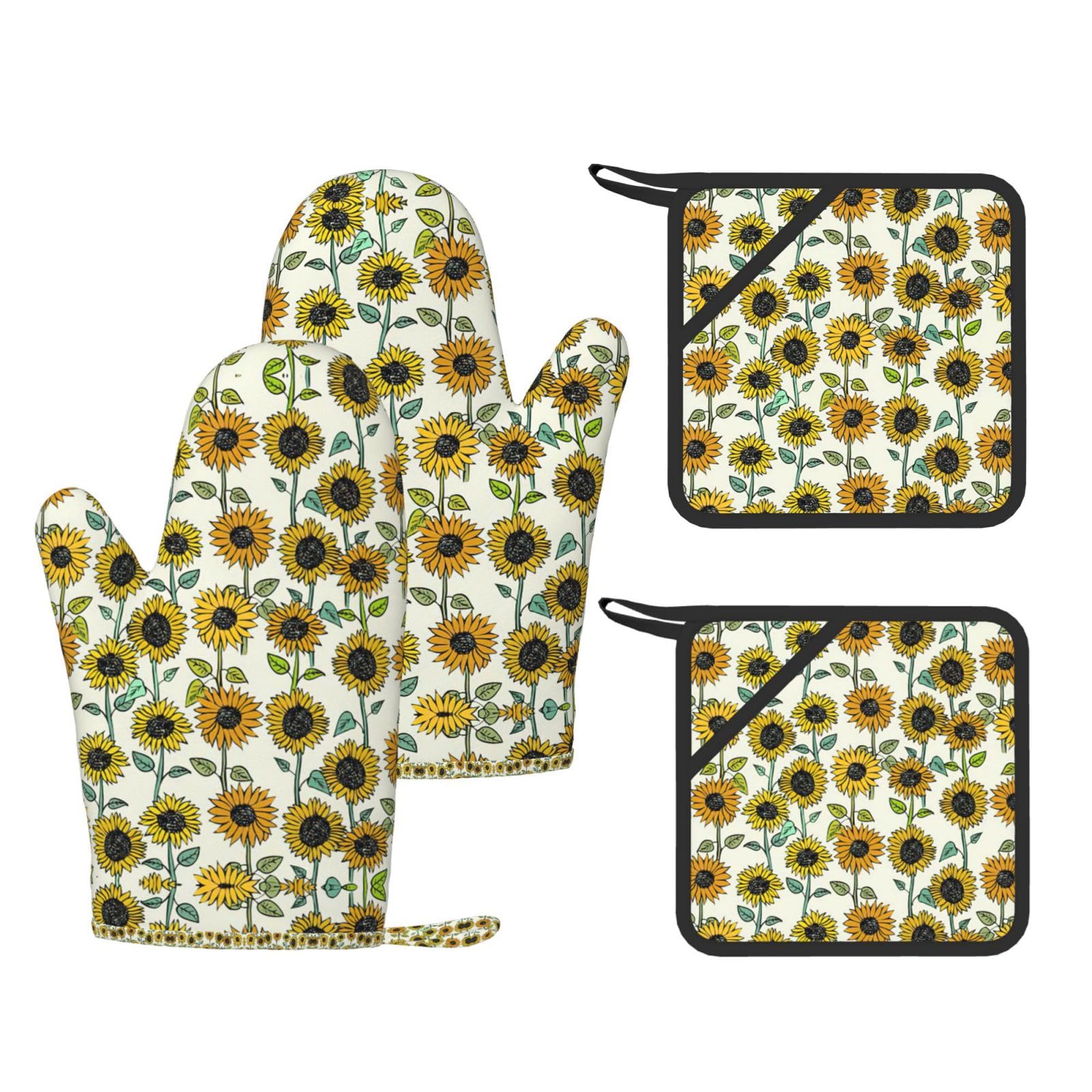 Romantic Sunflowers Printed Oven Gloves and Hot Pads Set of 4, High Heat Resistant Silicone Mitts for Cooking BBQ