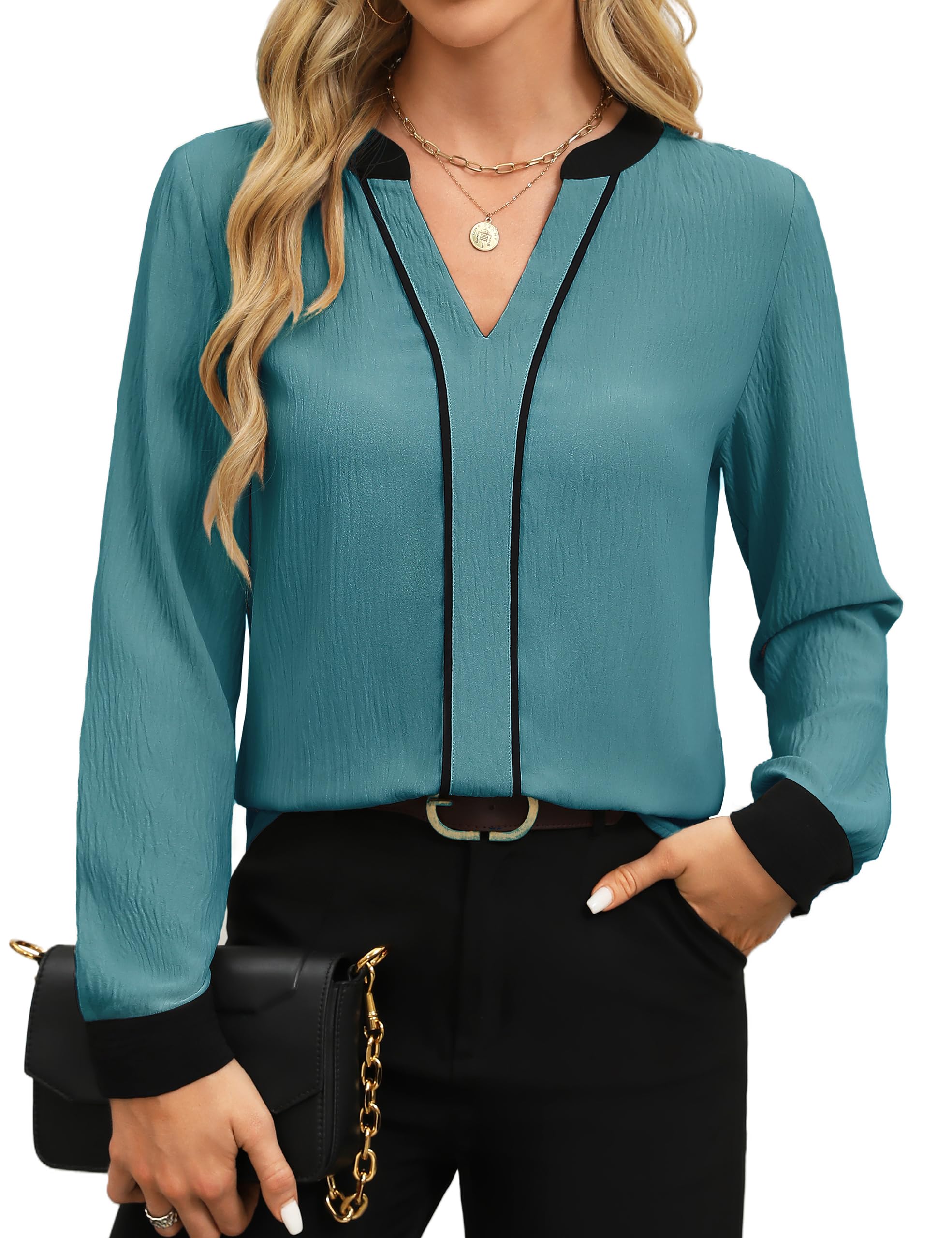 Fayenne Womens Tops Dressy Casual V Neck Color Block Business Casual Blouses Long Sleeve Work Shirts Fall Trendy Clothes