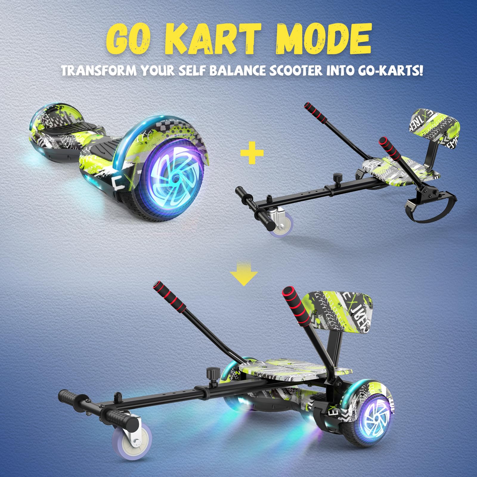 Trottinette avec siège réglable, Hoverboard auto-équilibré à deux roues de 6,5 pouces, avec haut-parleurs Bluetooth et lumières LED tendance