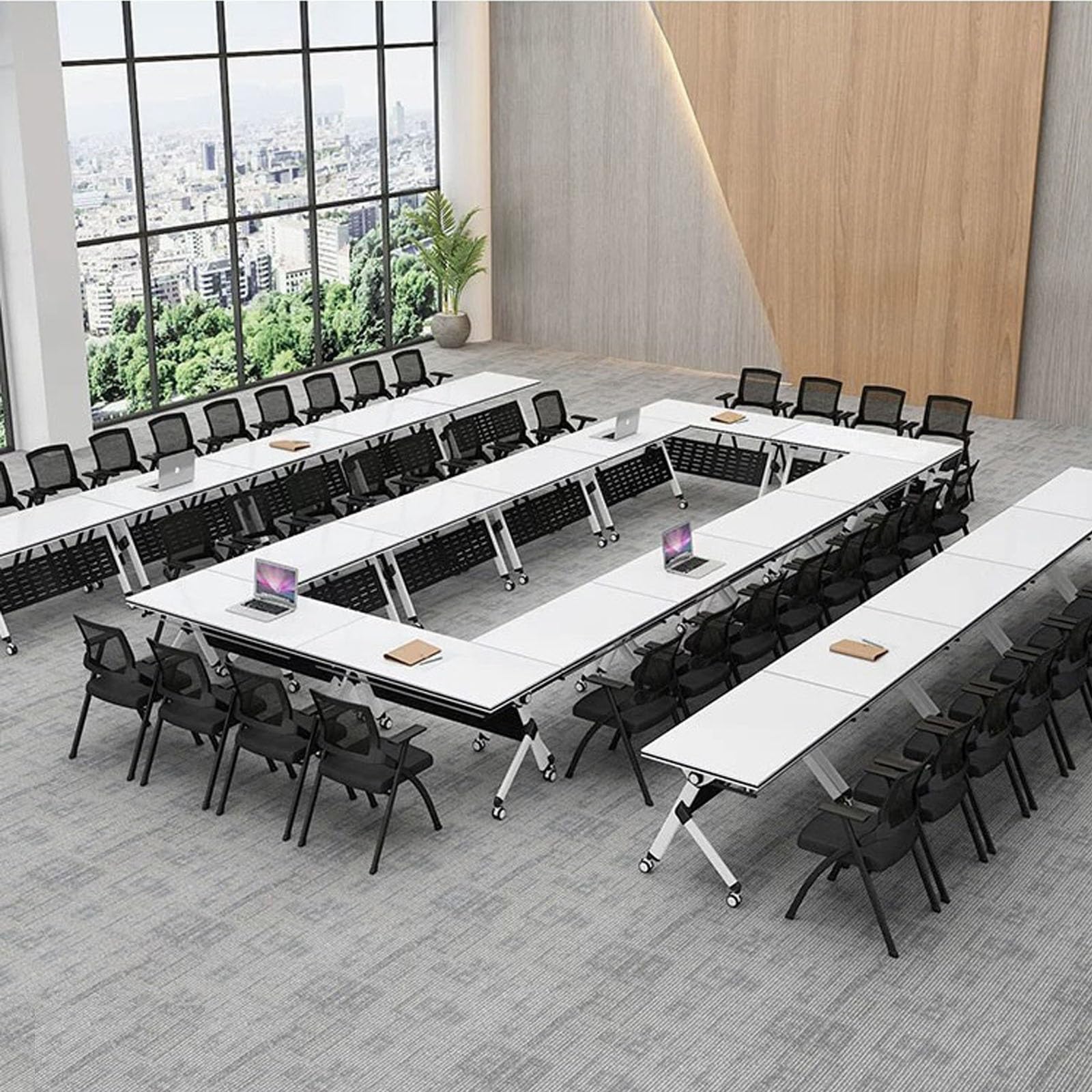 Klappbarer Konferenztisch, Klappbarer Konferenzraumtisch, Moderner weißer Bürokonferenztisch, Großer rechteckiger Besprechungstisch mit geräuschlosen Rollen, Vier feststellbare Rollen