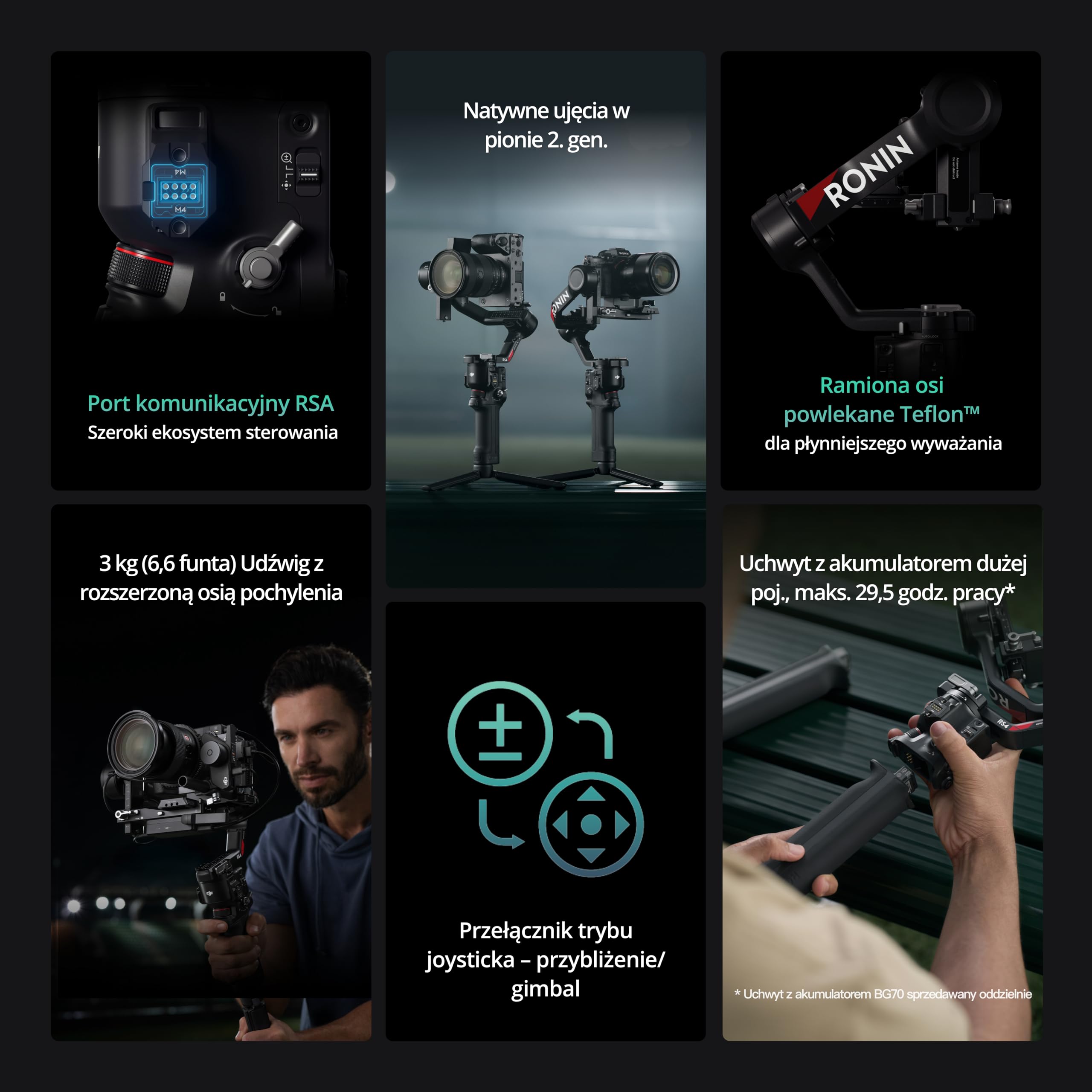DJI RS 4 Combo, stabilizator gimbal do kamer, Canon/Sony/Nikon/Fujifilm | z silnikiem Focus Pro, Natywne ujęcia w pionie 2. gen., 2 tryby joysticka, Ramiona osi - Teflon, udźwig 3 kg