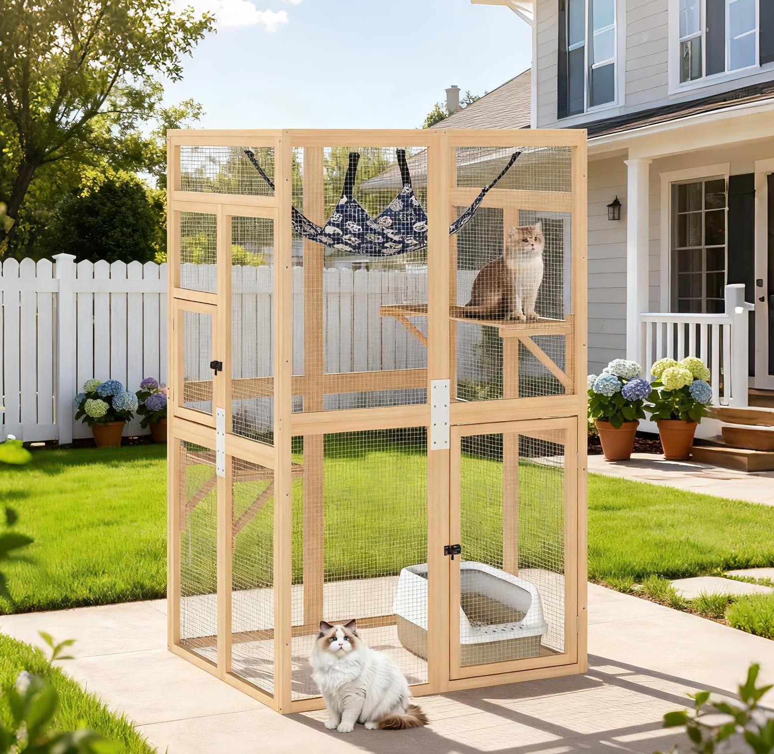 Catio Outdoor Cat Enclosure - Premium Wooden Cat Catio with Window Access &amp; Breathable Mesh, Weatherproof Kitty House for Patio/Backyard/Indoor (Wood)