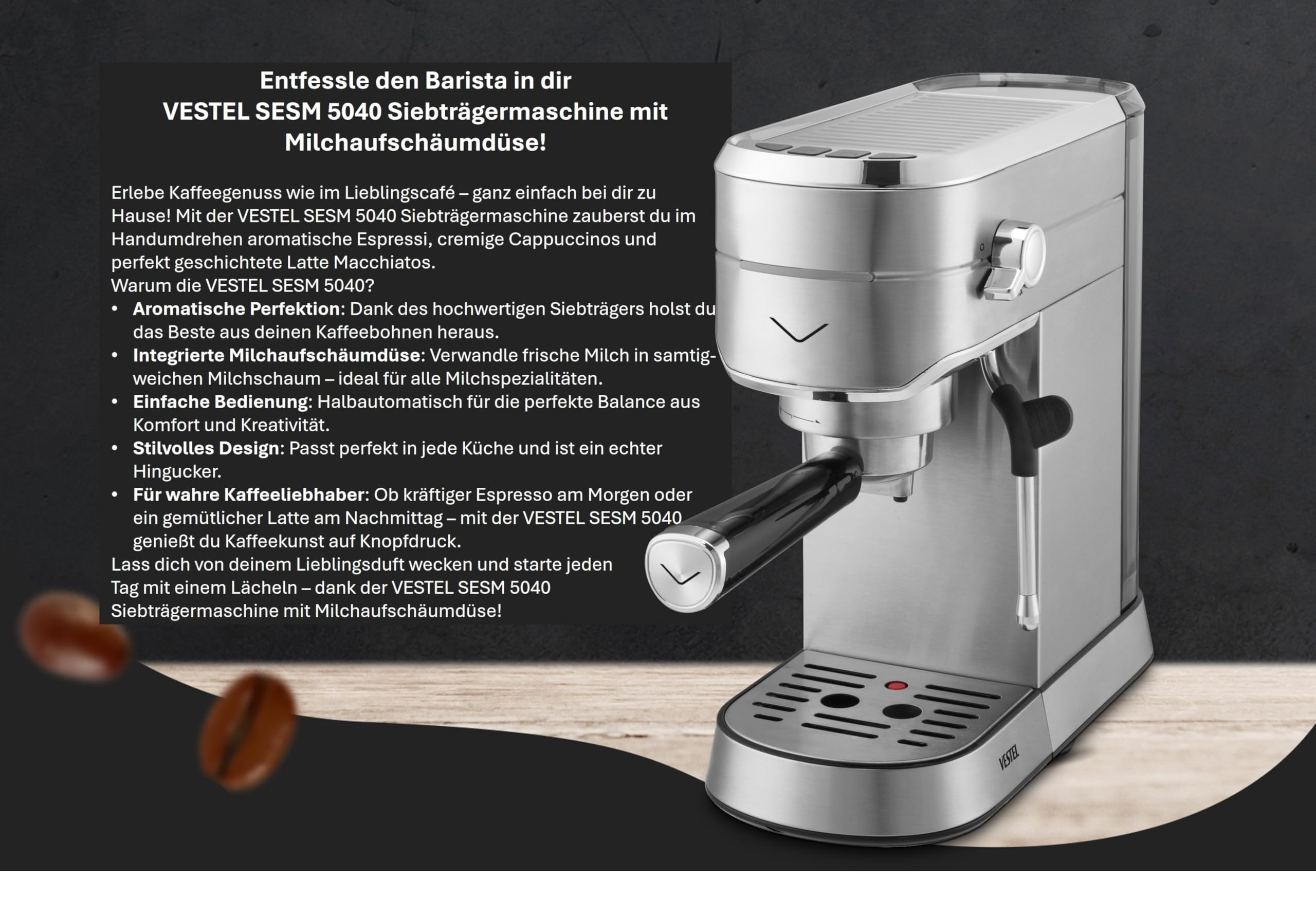 Vestel SESM5040 X Manuelle Espressomaschine 15 Bar Edelstahl Milchaufschämer 1,2L Wassertank Silber