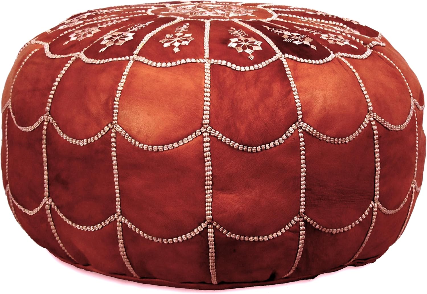 Stuffed Arch Design Moroccan Leather Pouf Ottoman, Handmade, Pre-Filled, 100% Genuine Leather, 14” Height x 22” Diameter – Boho Chic Footstool & Living Room Décor (Honey Cognac)