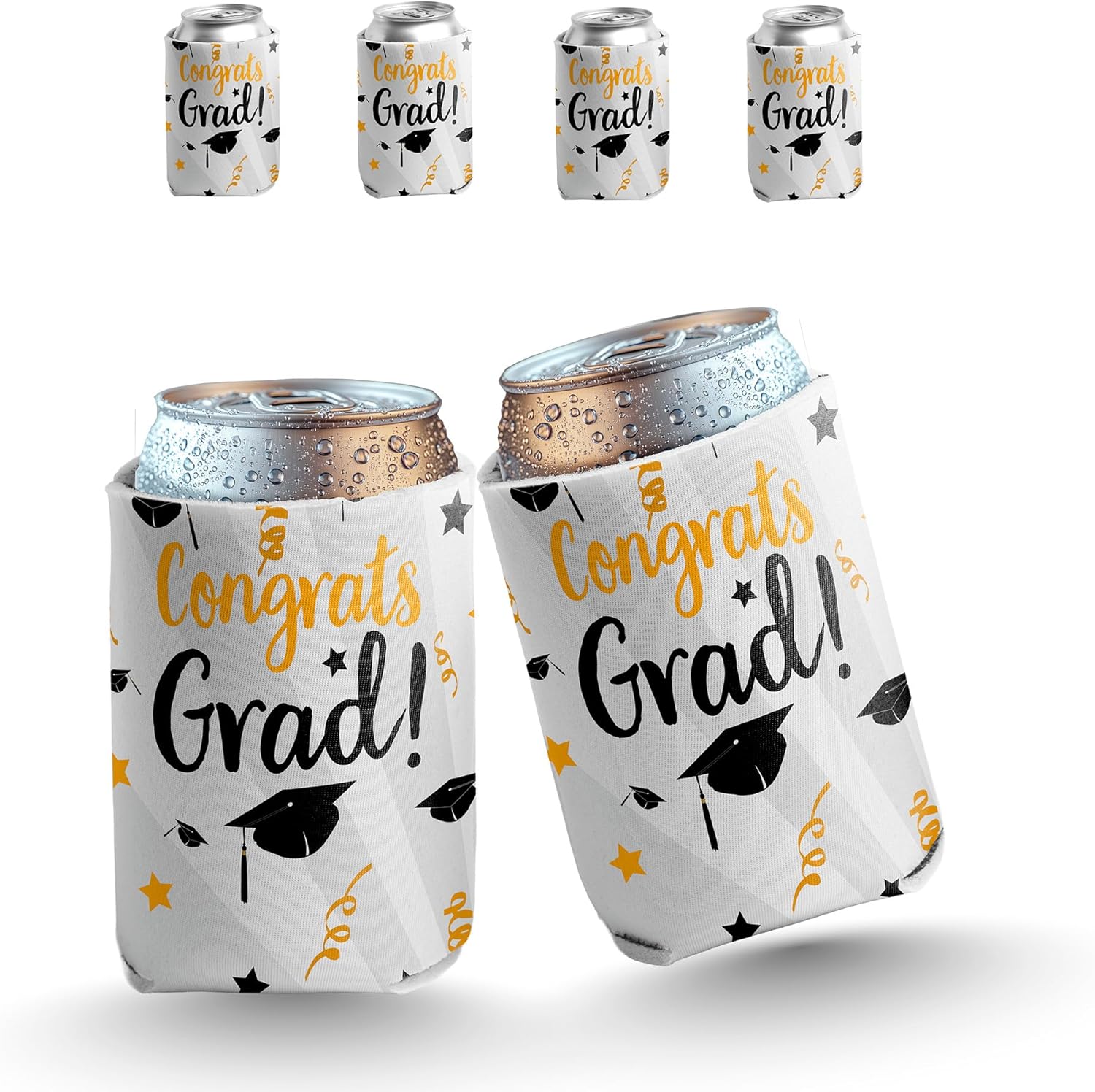 VictoryStore Congrats Grad Can Coolers – Set of 6 Graduation Can Sleeves – Reusable Foam Beverage Holders for 12-16 oz Cans & Bottles – Foldable, Durable, USA Made – Black, White & Gold