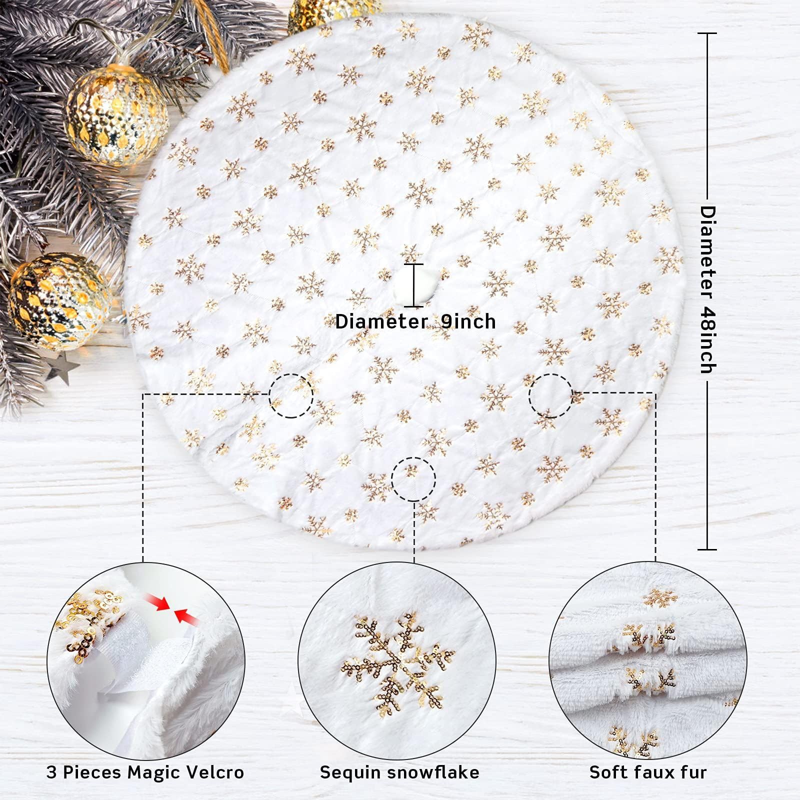 Coperta per albero di Natale, in peluche, bianca, rotonda, per albero di Natale, con fiocco di neve, per albero di Natale, vacanze, feste, decorazioni per pavimenti, 150 cm