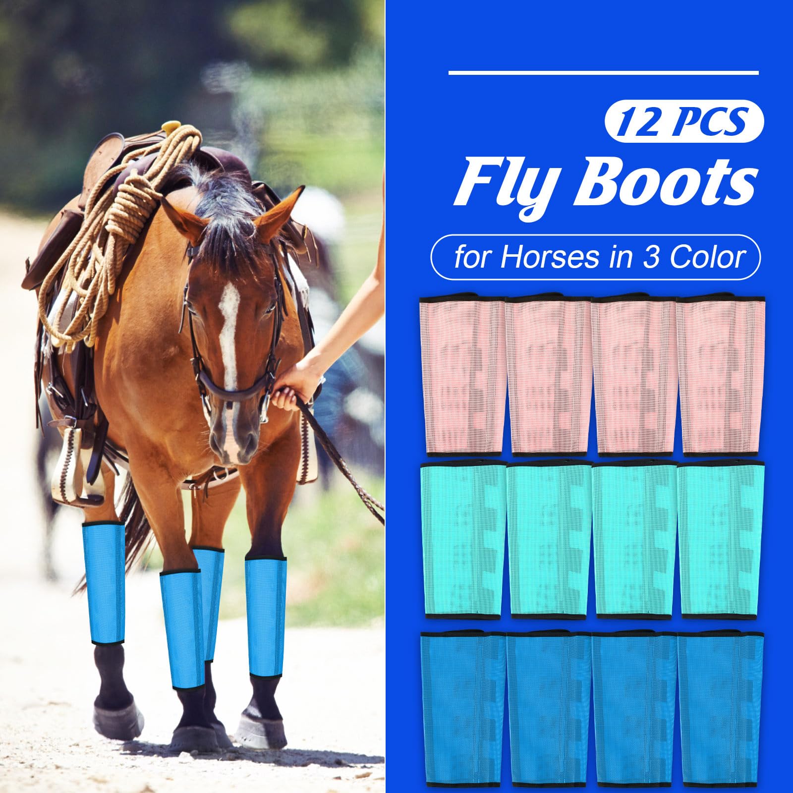 Bulyoou Set of 12 Mesh Fly Boots - Breathable, Protective Horse Leg Loose Wraps - Prevents Flies & Mosquitoes Bites (Blue, Light Pink, Light Green)