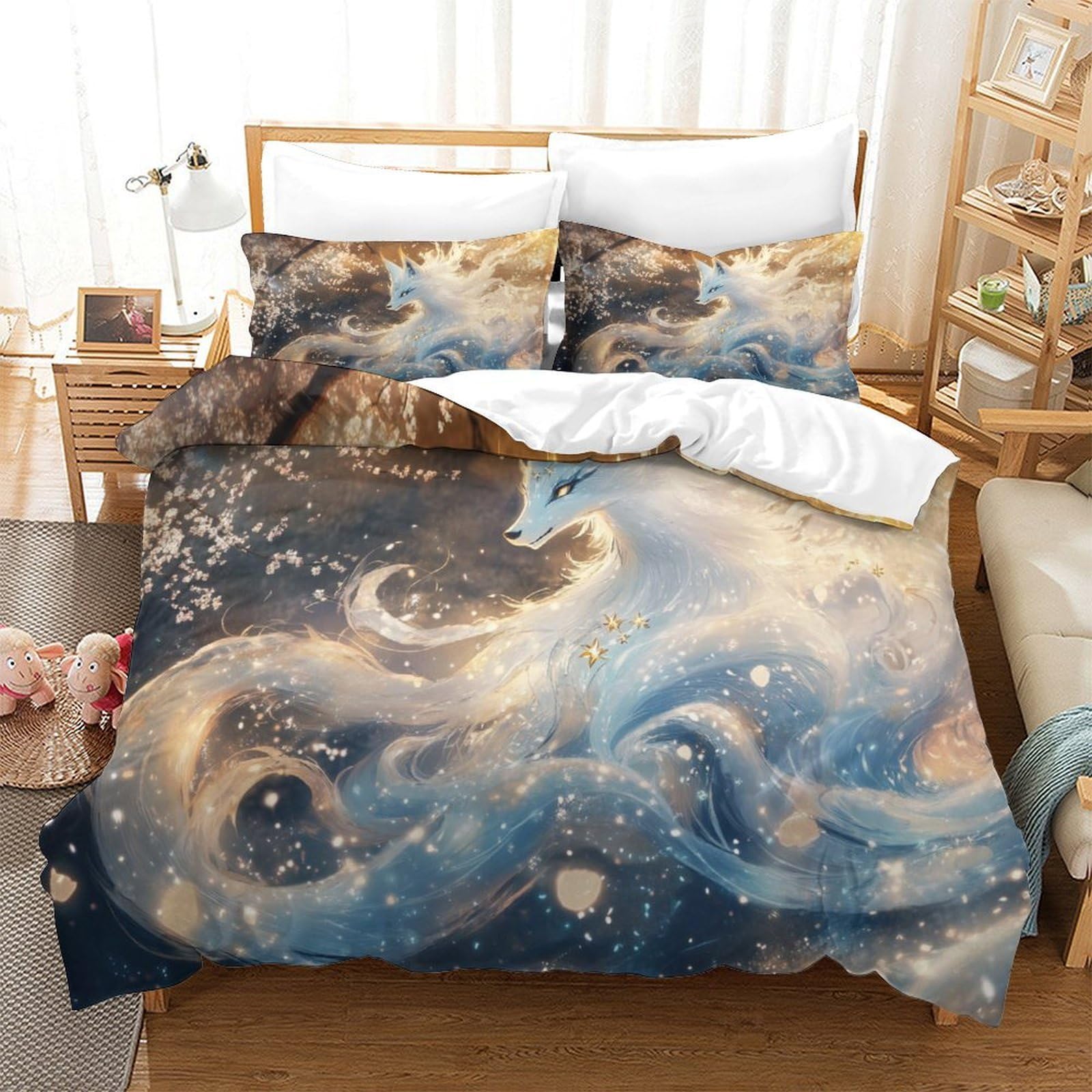 QDZHCPMYK Nine Tailed Spirit Fox Duvet Cover Sets 3 PCS Hotel Quality Quilt Cover Bedding Bed Covers with Pillowcases with Zipper Closure Breathable Stylish Comforter King（220x240cm）