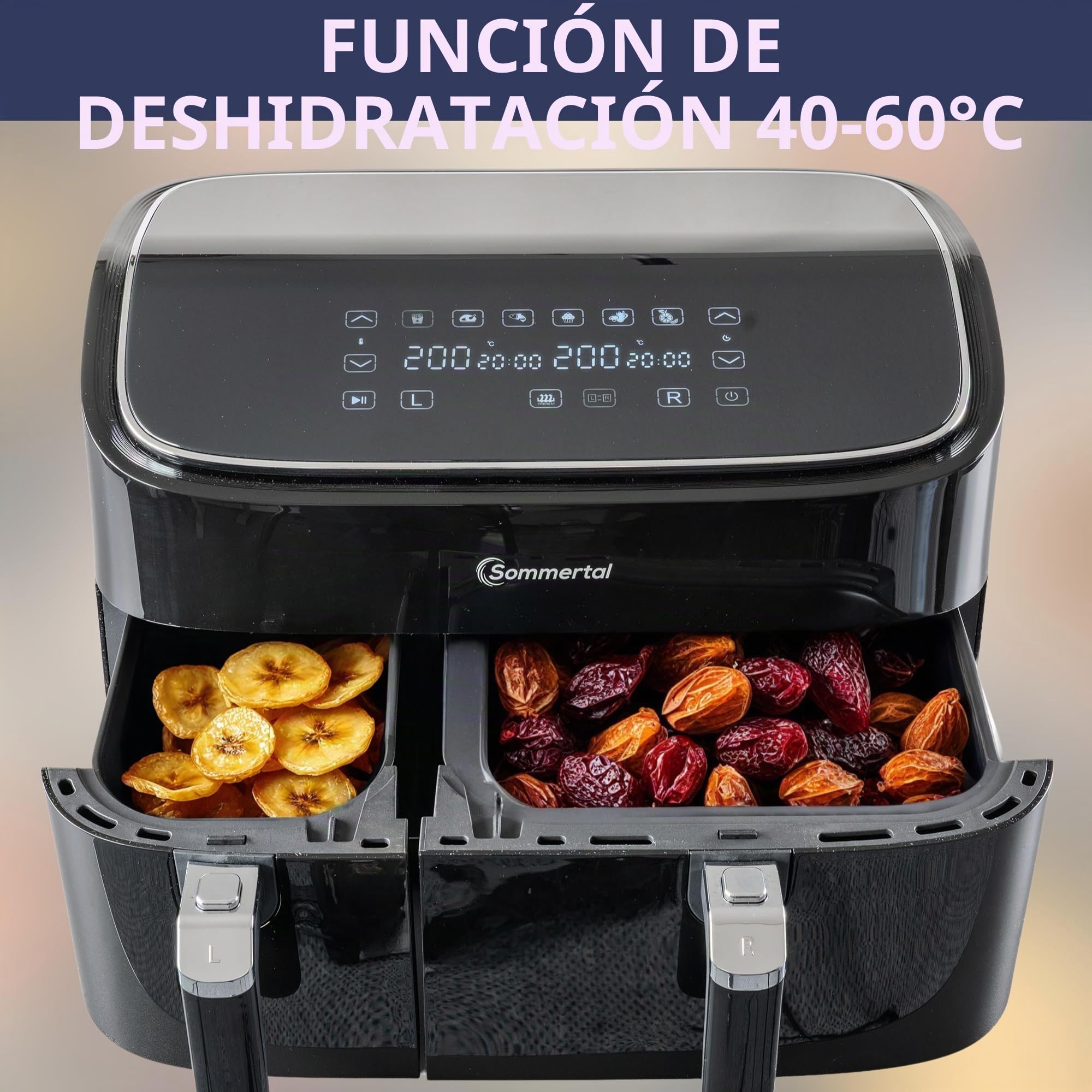 Sommertal HF DUAL 900 Freidora de Aire Doble de 9 litros, freidora de aire con 2 cestas, 2850 W, con función de puerta, sincronización, pantalla táctil, 6 programas, apta para lavavajillas, sin BPA