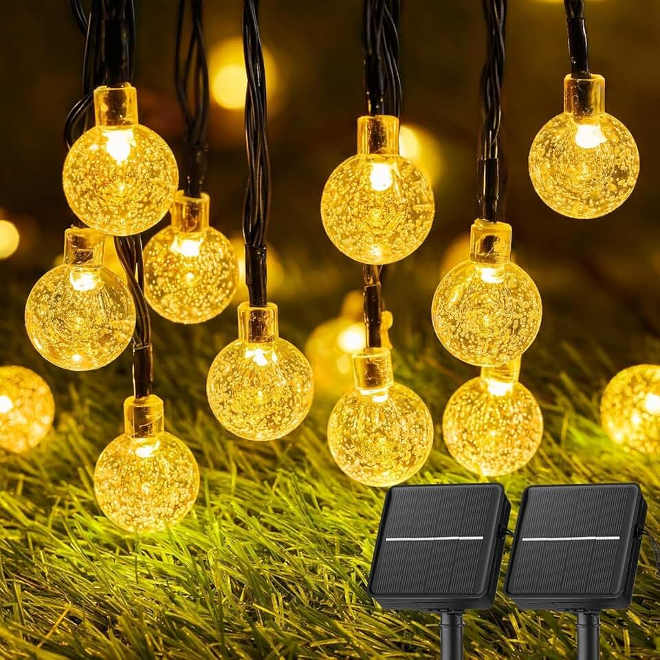 Solar String Lights Outdoor Waterproof, 2 Pack 60 LED 36.5 FT Each, Solar Powered Patio Lights with 8 Lighting Modes for Garden Ya