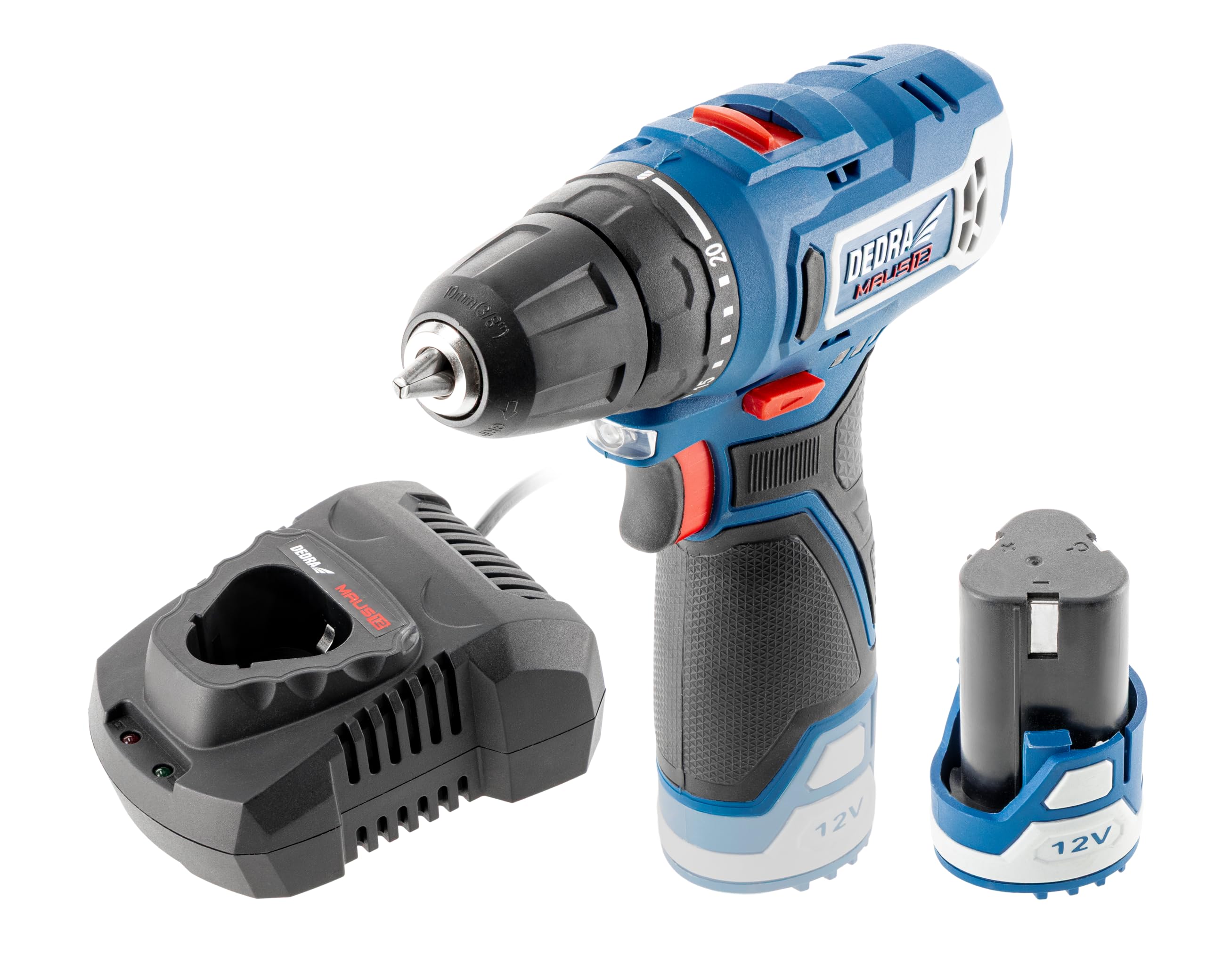 Set Perceuse-Visseuse 12V DEDRA MAUS DED7310T03 – 32 Nm – Batterie Li-Ion 2 Ah et Chargeur Rapide (60 min) – 2 Vitesses, Mandrin Auto-Serrant 10mm et LED – Compacte pour Bricolage et Montage