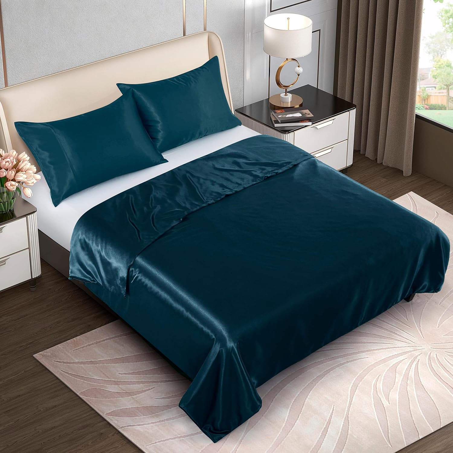 Homiest 60″x80″ Duvet Cover for Weighted Blanket, Deep Sea Blue Satin Weighted Blanket Cover with 8 Ties, Silky & Removable Zippered Duvet Cover Full/Queen Heavy Blanket Duvet Cover for Adults
