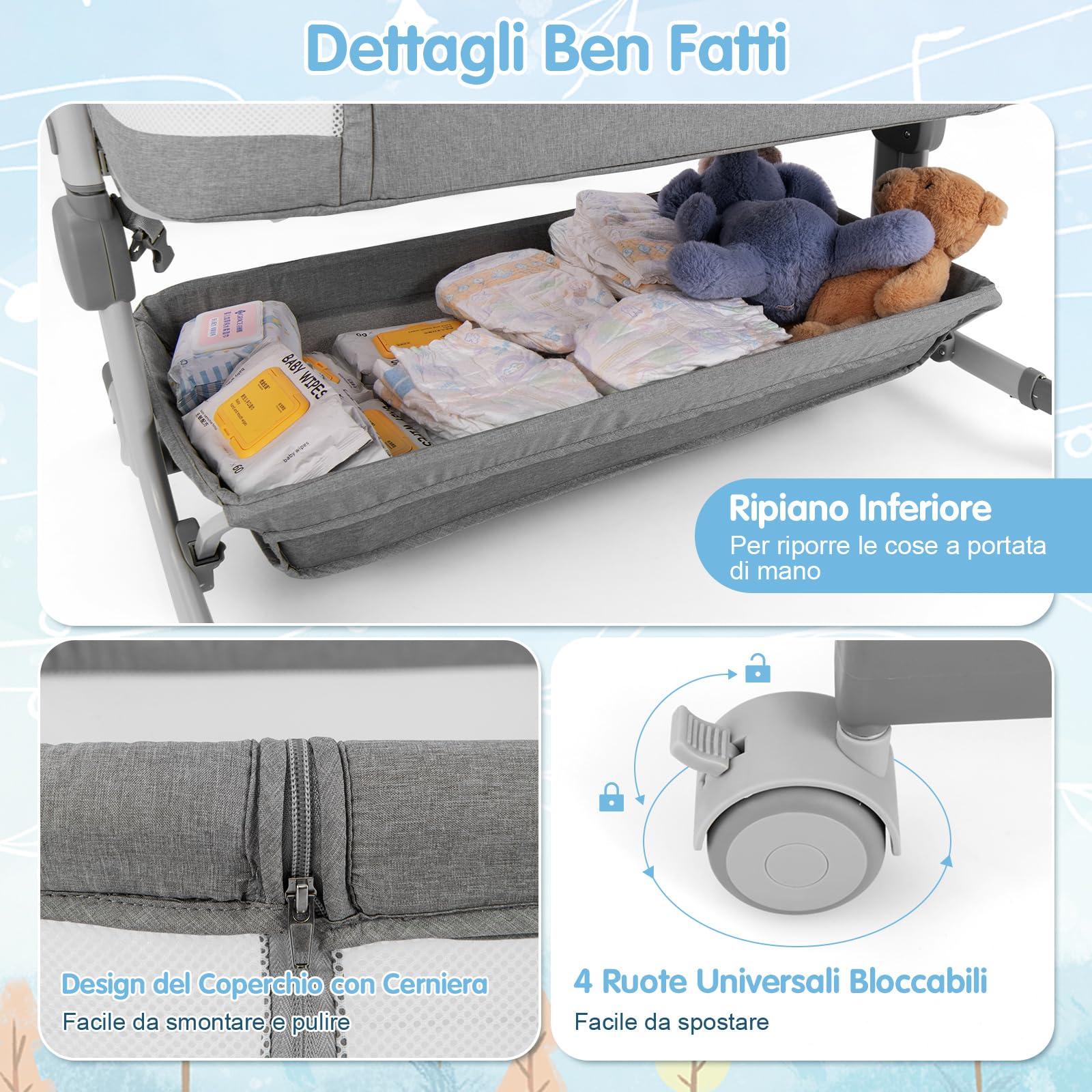 COSTWAY Culla Neonato con Matterasso, Culla Next to Me Piechevole con Altezza Regolabile a 6 Livelli, Lettino Bambino con Mensola Portaoggetti, Borsa da Trasporto, per Bambini 0-6 Mesi (Grigio Chiaro)