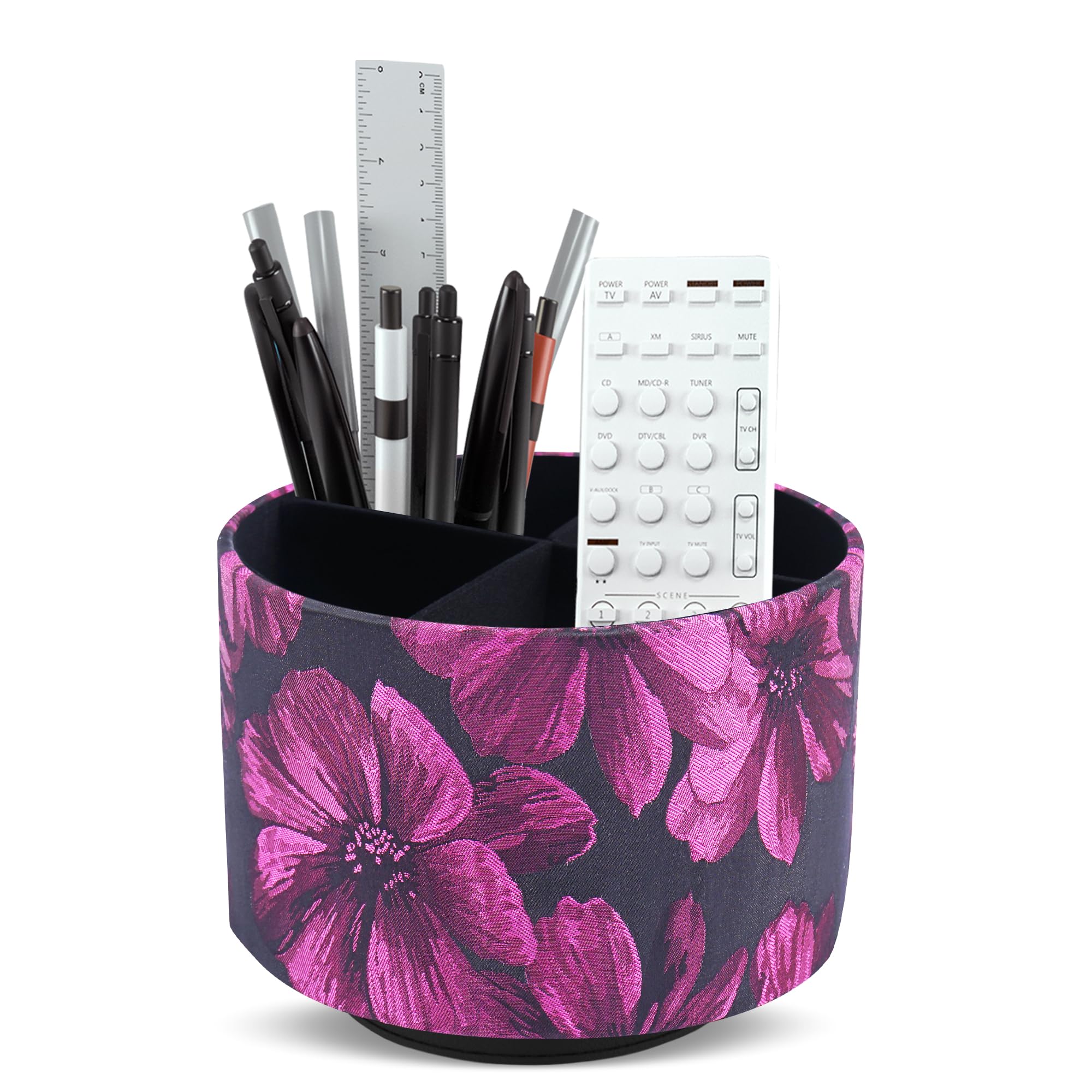 Czzmy Round Leather Art Supply Organizer,Remote Control Holder,360 Degree Spinning,Multi-Functional Pencil Holder,4 Compartments Desktop Stationary Organizer(1-Dahlia Rose Red)