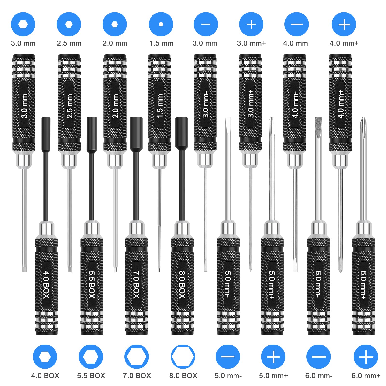 RC Hex Screwdriver Tool Set 16 Pcs Screwdrivers Kit 4 Pcs Hex Driver 8 Pcs Screwdrivers 4 Pcs Nut Wrench Repair Tool Kit Socket Screwdrivers for RC Quadcopter Helicopter FPV Drone Car Airplane