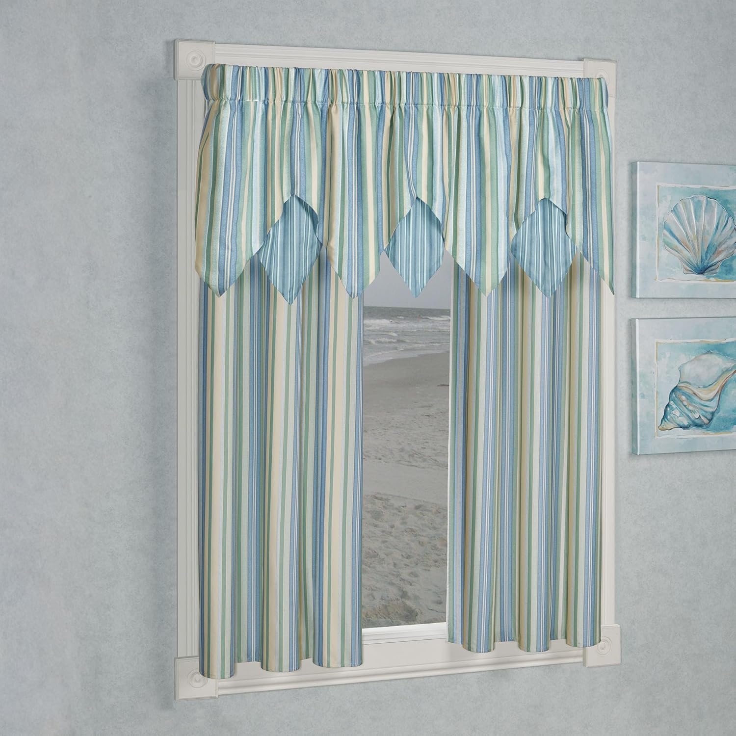 Clearwater Stripe Window Treatments | Coastal and Cool Blue Hued Stripes | Machine Washable | Lined Drapery Set Includes Layered Ascot Rod Pocket Valance & 63L Room Darkening Grommet Top Curtain Pair