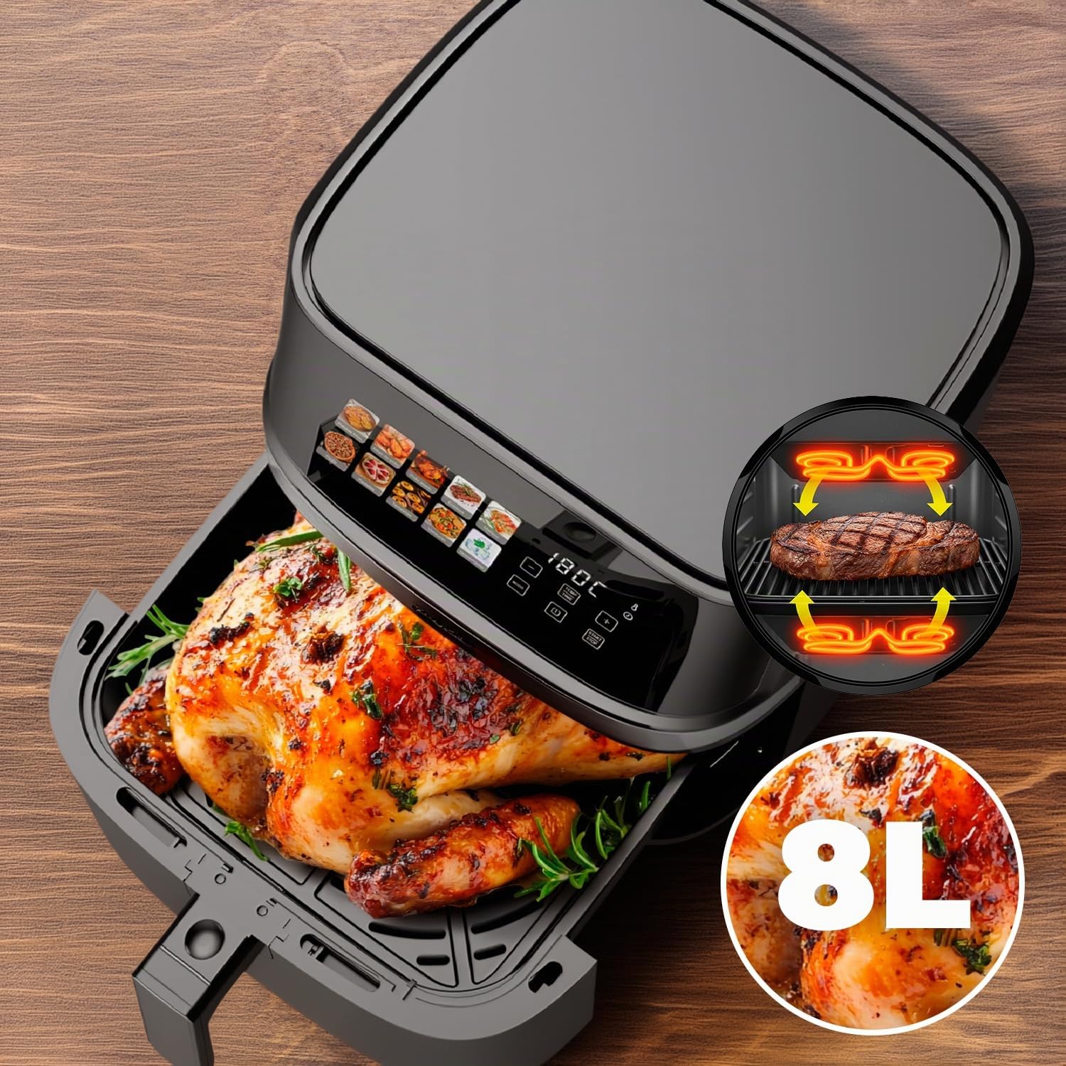 FAGOR Naturfry Luxe Freidora de Aire 8L 2200W - Air Fryer Doble Resistencia (Dual Heat) Sin Girar Alimentos, Pantalla Táctil 10 Programas, 80-200ºC, Gran Capacidad Familiar, Libre de BPA, Negro