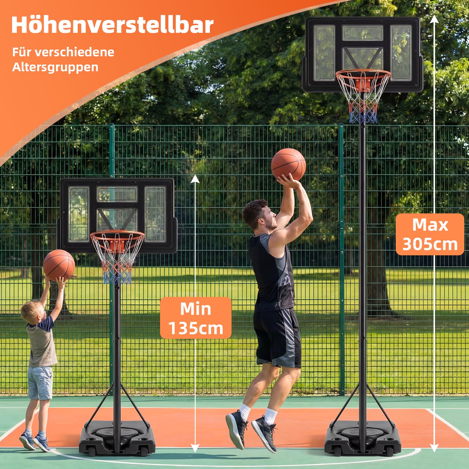 VOWNER Basketballkorb Outdoor höhenverstellbar Basketballständer verbreiterte Basis mit Sandsack, inkl. Größe 5 Ball & Pumpe, mobil, Basketballanlage für Kinder & Erwachsene
