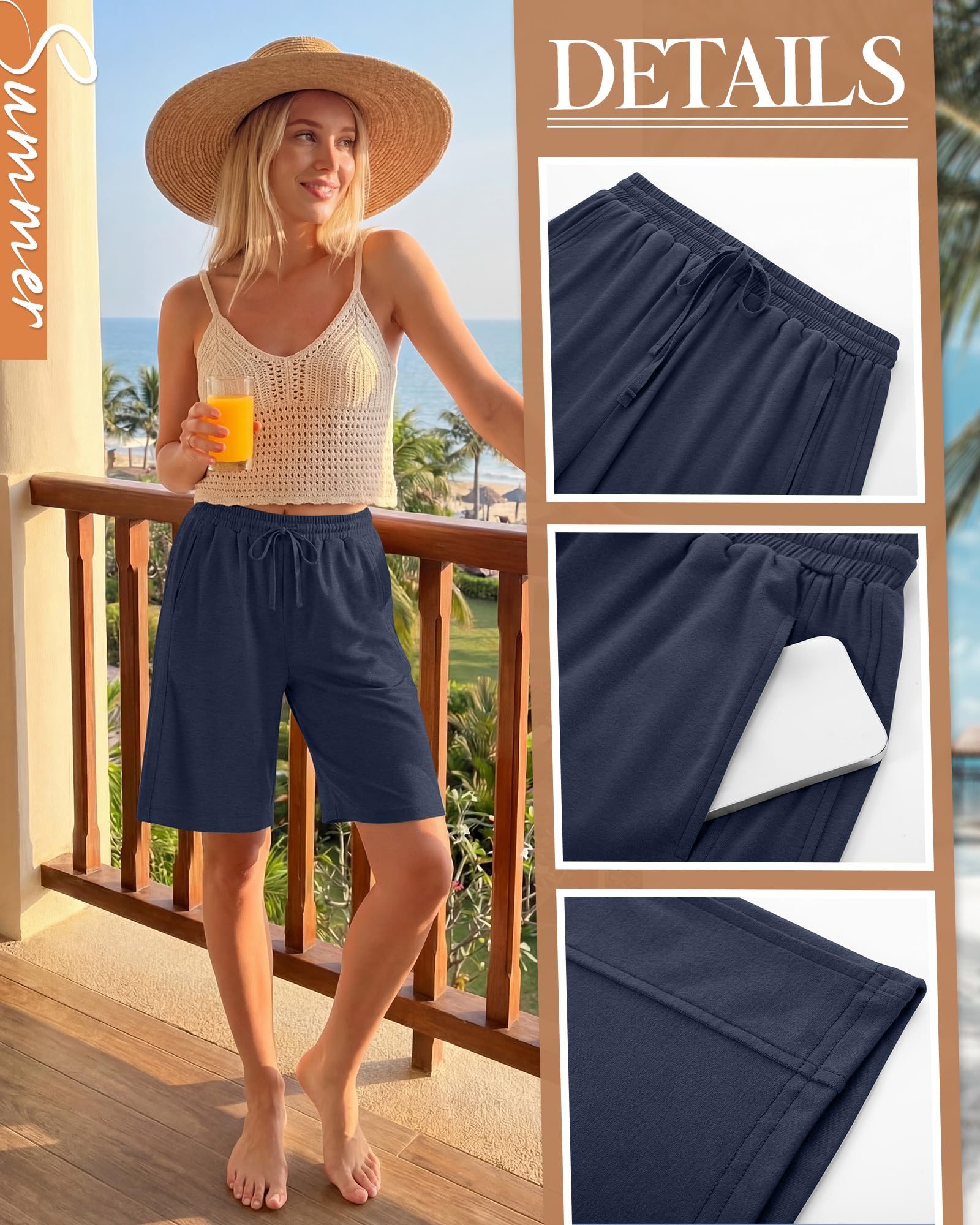 Geyoga 4er-Pack Bermuda-Shorts für Damen, Baumwoll-Shorts mit Kordelzug, Elastischem Bund, Weitem Bein und Taschen