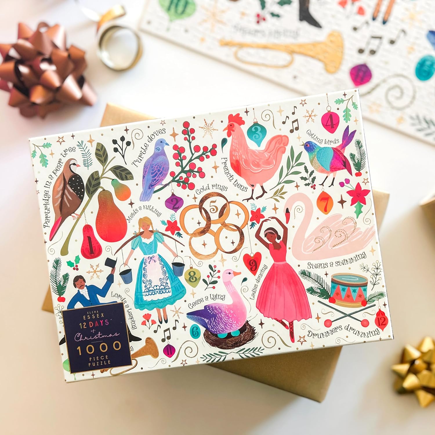Christmas Puzzle - 12 Days of Christmas | Christmas Puzzles 1000 Pieces | Gold Foil Details | Jigsaws Size 28 x 20 inches | Elena Essex Puzzles