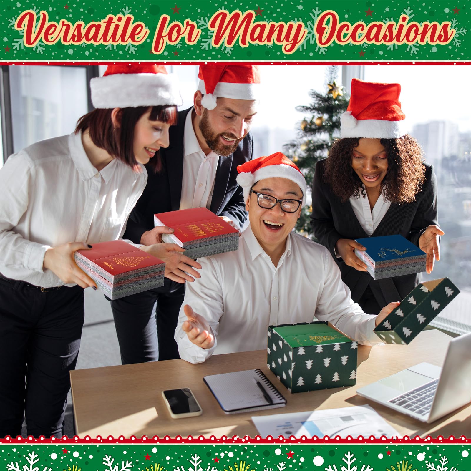 Epakh Lot de 100 cartes de vœux de Noël en feuille d'or avec enveloppes blanches et autocollants, motif arbre de Noël, 5 motifs assortis, cartes vierges pour festival d'hiver, fournitures de fête