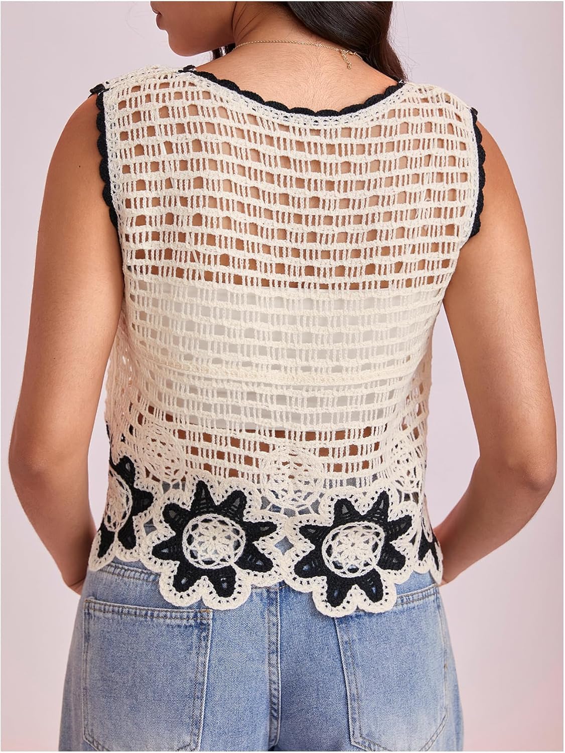 WDIRARA Women's Crochet Knit Sweater Vest Floral Hollow Out Crew Neck Sleeveless Tank Tops Knitwear - Image 2