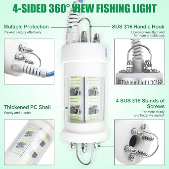 160W Underwater Fishing Light, 80000 Lumens 110V & 12/24V Waterproof IP68 Green Submersible LED Fish Light with Transformer for Boat Dock Kayaks Night Fishing, 20ft Power Cord